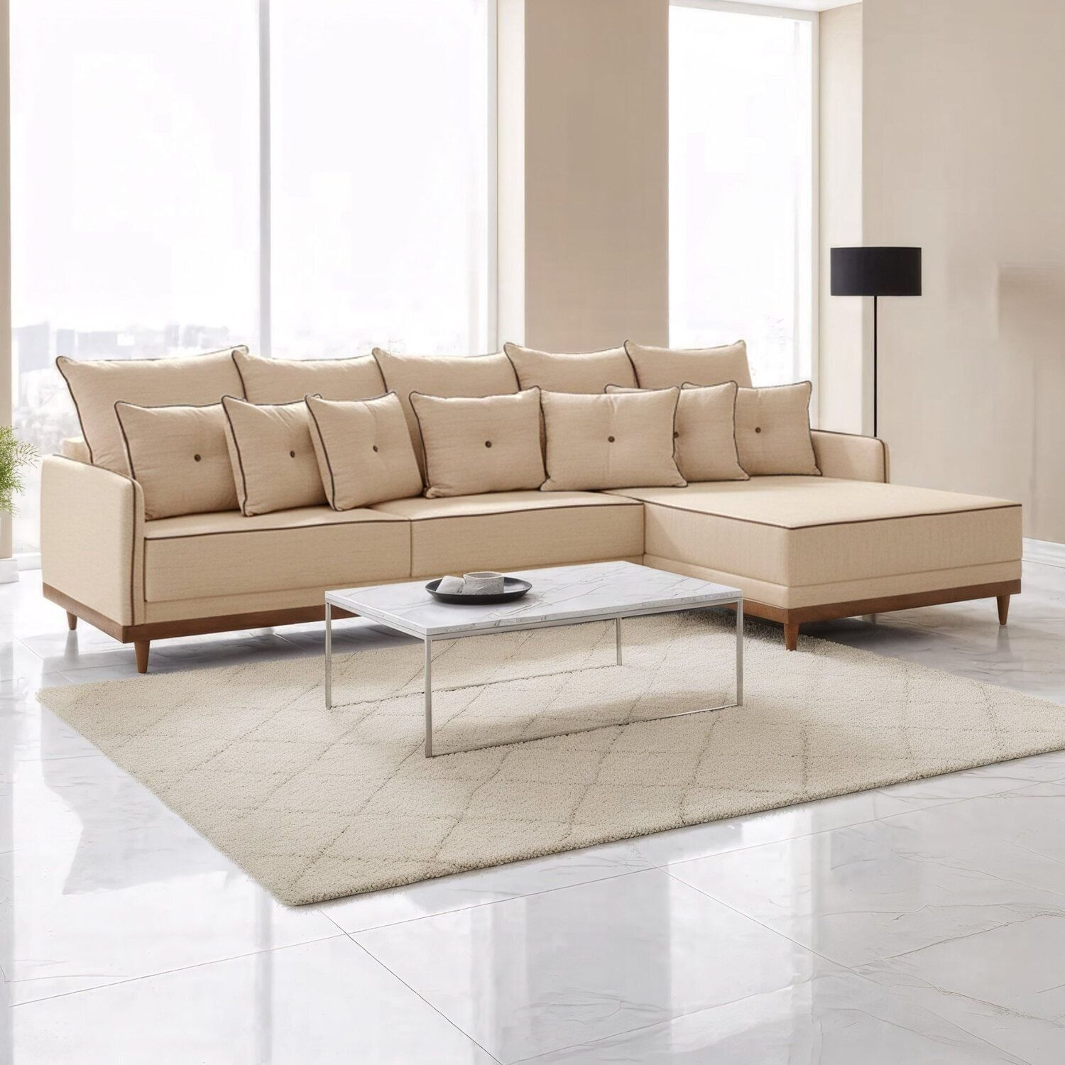 Sofá Living 260cm Chaise Lado Direito Athena Bege