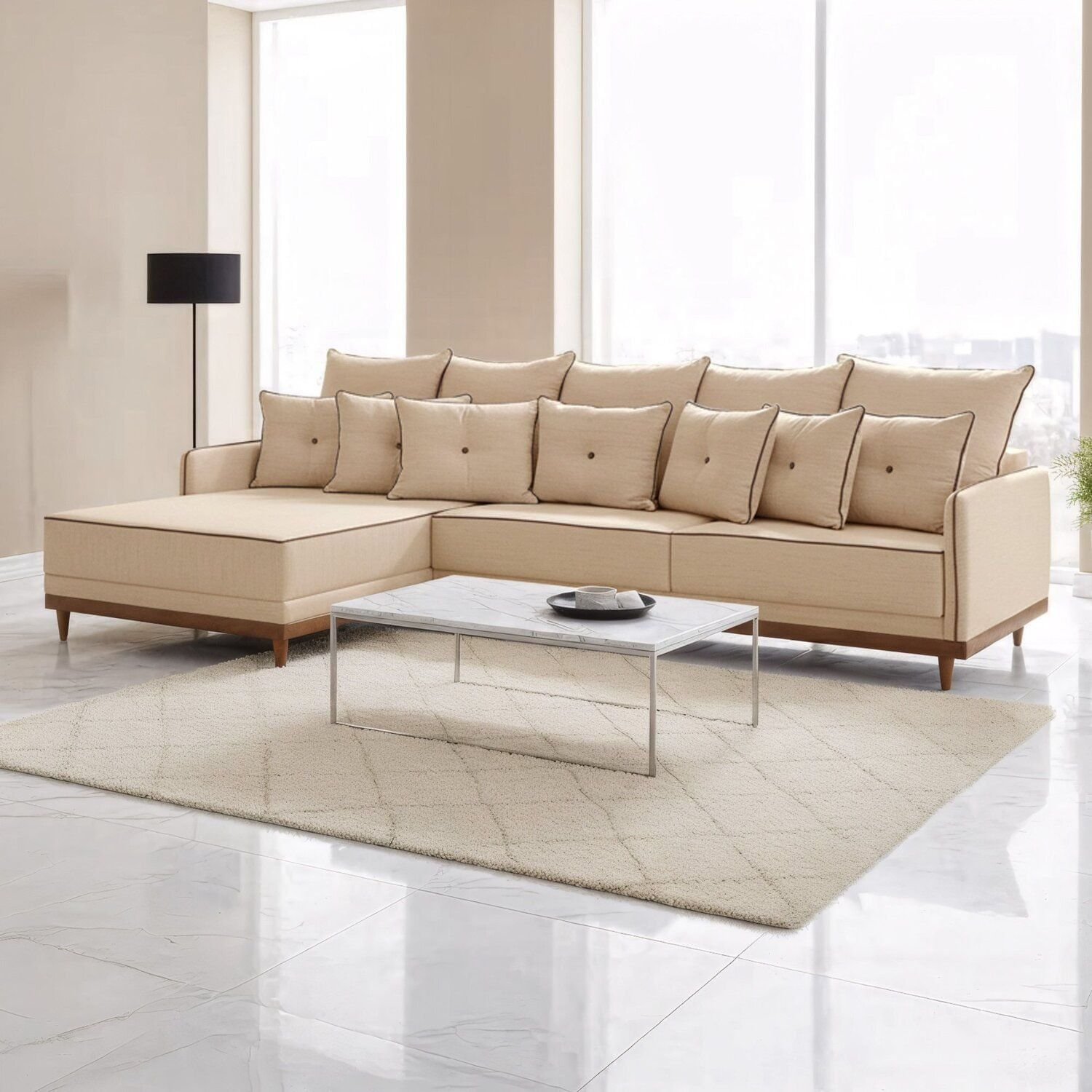 Sofá Living 260cm Chaise Lado Esquerdo Athena Bege