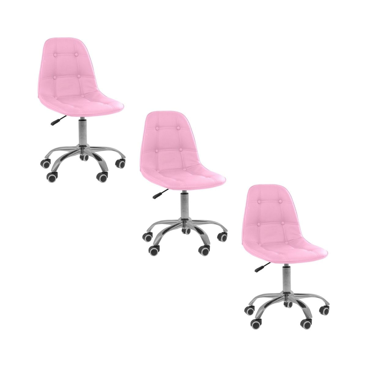 Kit 3 Cadeiras Office Eiffel Botonê Ajustável Base Giratória - Rosa