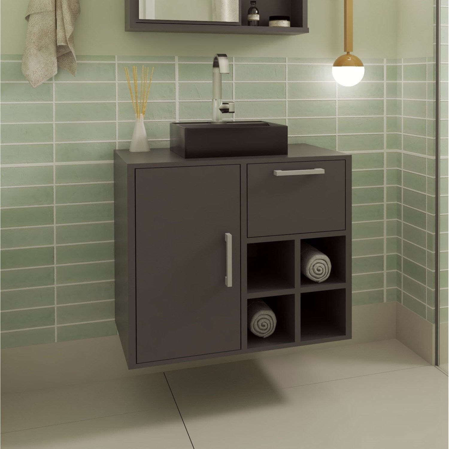 Gabinete Suspenso Para Banheiro 68cm 1 Porta 1 Gaveta E Nicho Aberto Eduarda Grafite