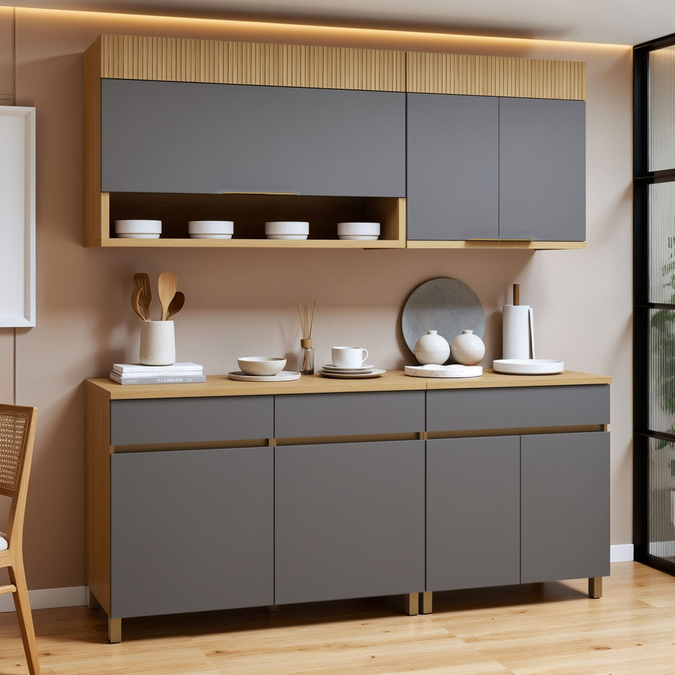 Cozinha Completa Modulada 4 Peças 7 Portas 3 Gavetas 100% Mdf Realeza Premium Carvalho/titânio