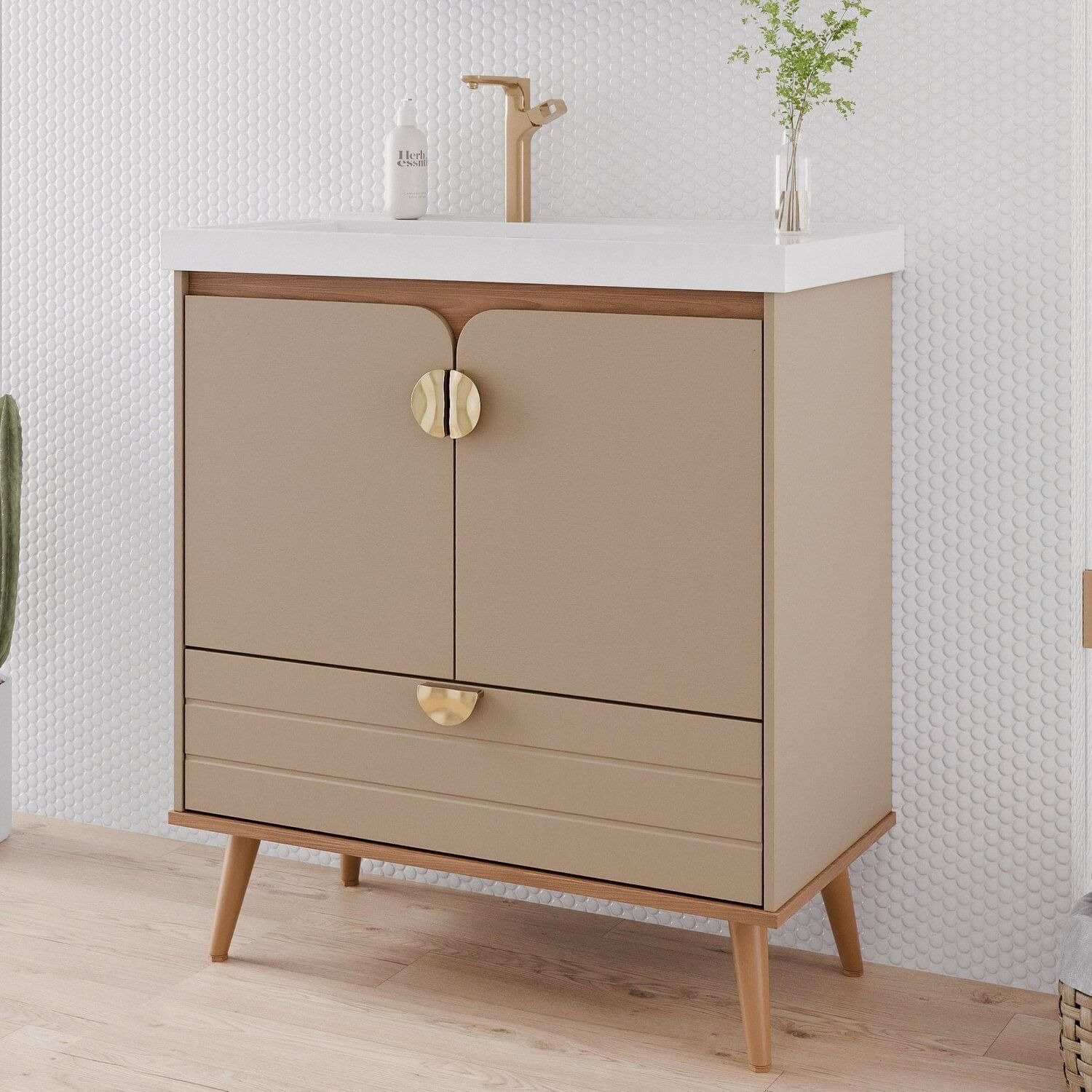 Gabinete Para Banheiro 80cm Com 2 Portas 1 Gaveta E Cuba De Embutir Trancoso Cappuccino