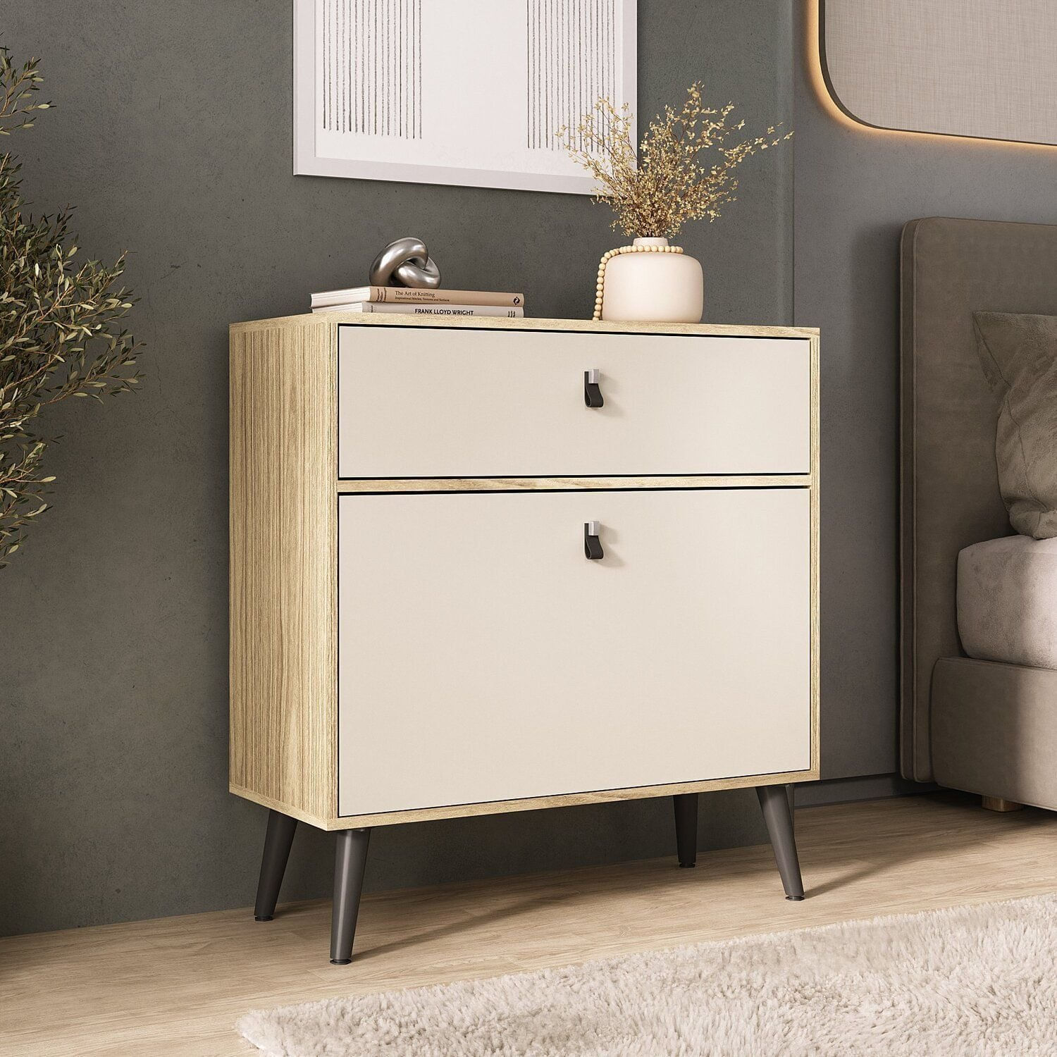 Sapateira Cômoda Com Gaveta Para Quarto Amendoa / Off White