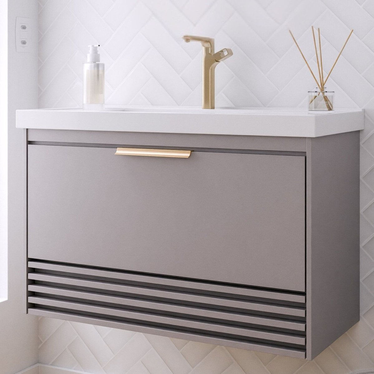 Gabinete Para Banheiro 80cm Com 1 Porta 1 Gaveta E Cuba De Embutir Paraty Platina