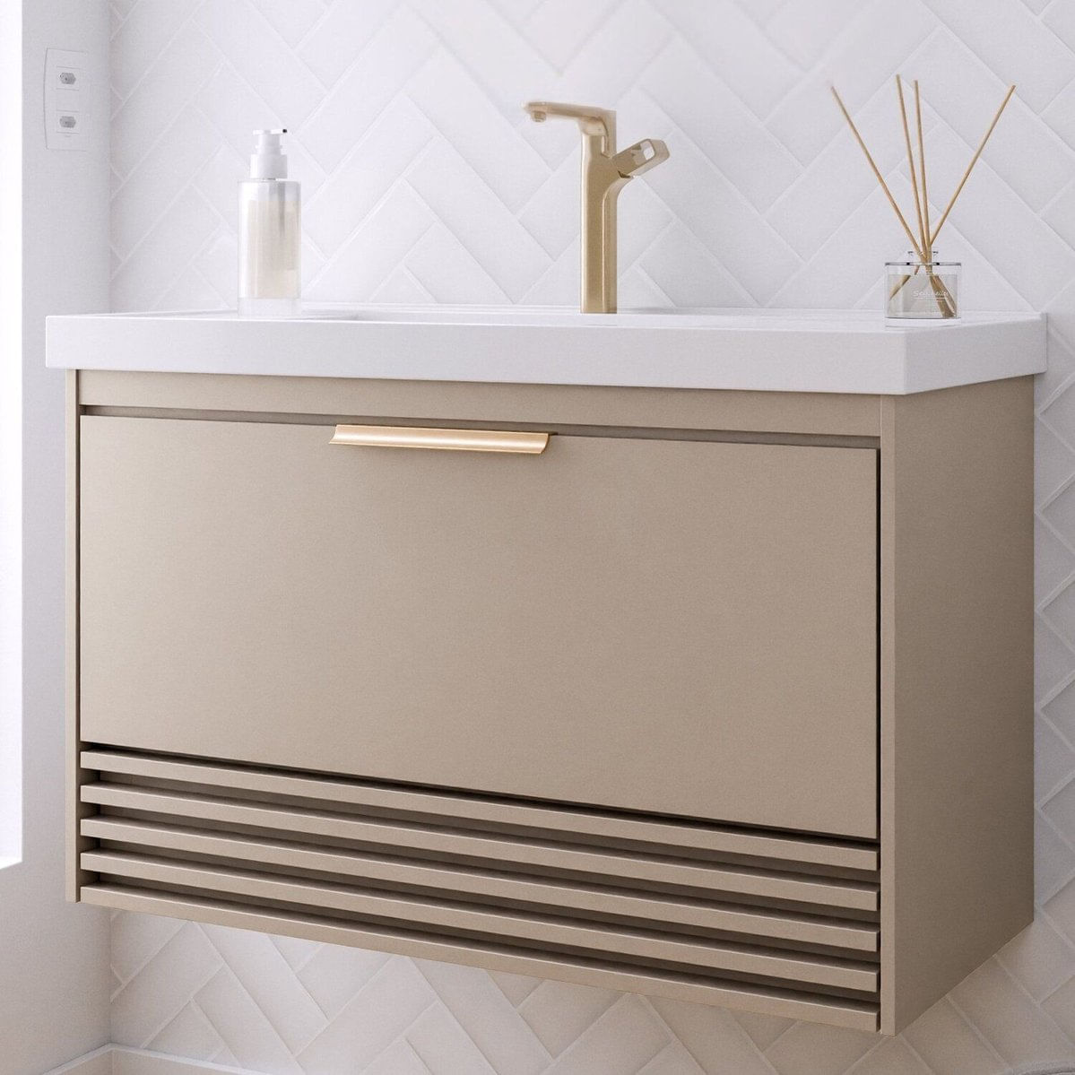 Gabinete Para Banheiro 80cm Com 1 Porta 1 Gaveta E Cuba De Embutir Paraty Cappuccino