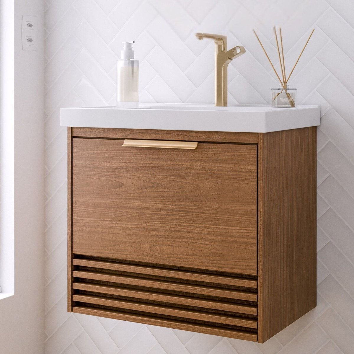 Gabinete Para Banheiro 60cm Com 1 Porta 1 Gaveta E Cuba De Embutir Paraty Freijó