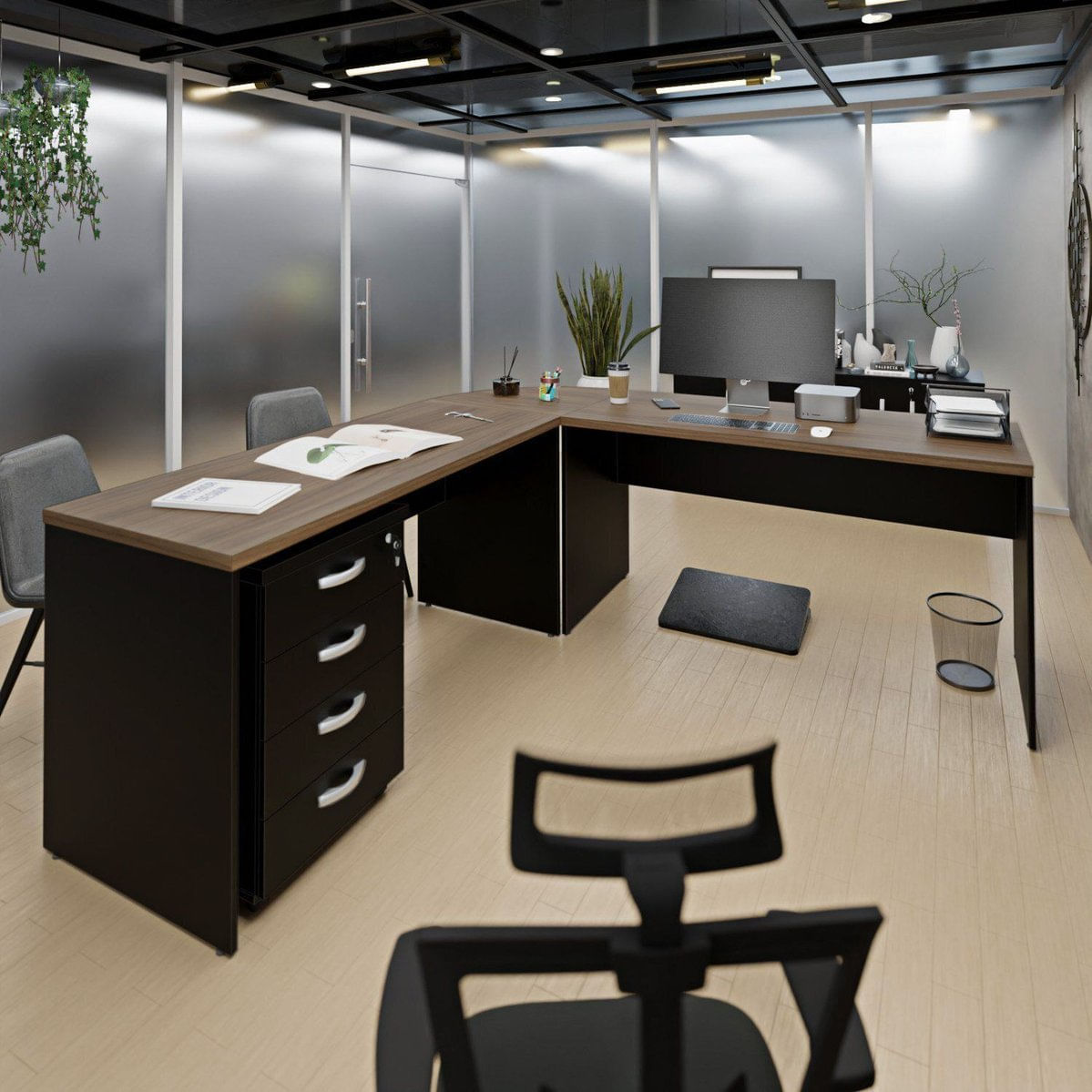 Conjunto Mesa 76x140cm Conexão Em L E Gaveteiro Volante Nogal/preto