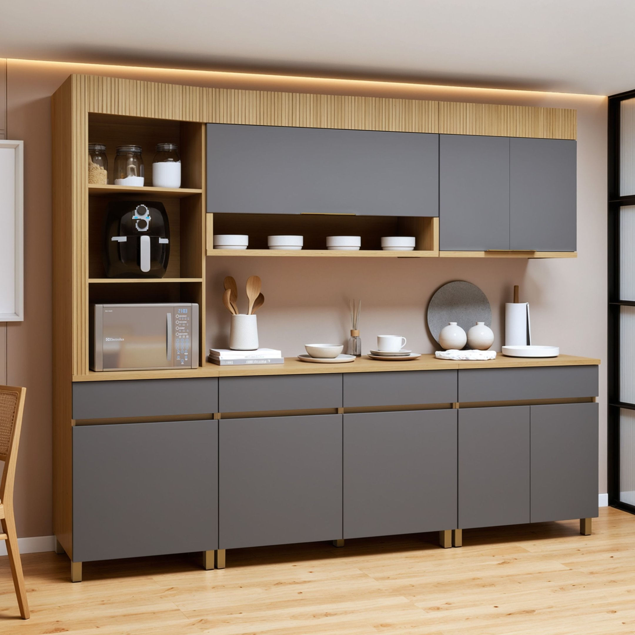 Cozinha Completa Modulada 5 Peças 8 Portas 4 Gavetas Torre Angular 100% Mdf Realeza Premium Carvalho/Titânio