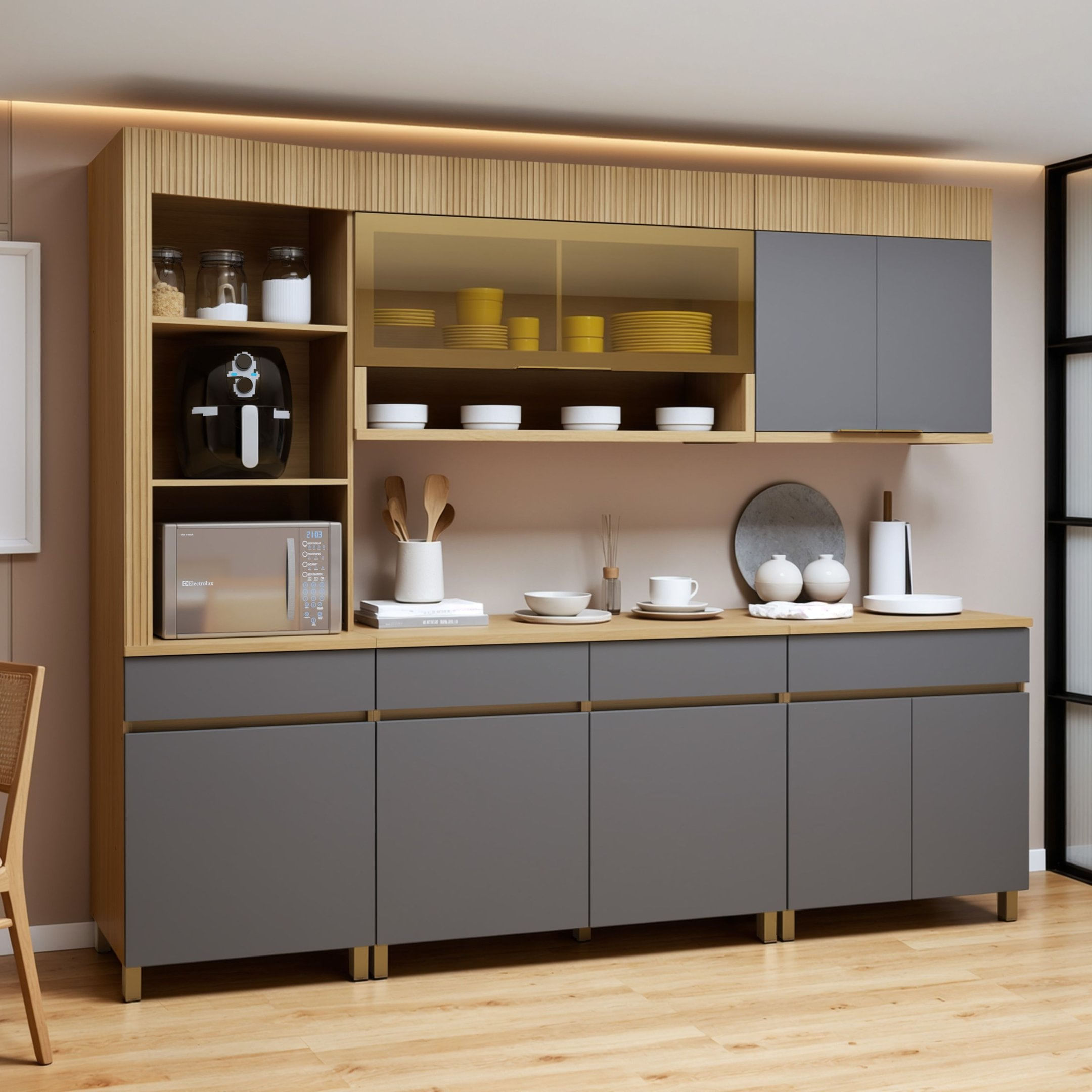 Cozinha Completa Modulada 5 Peças 8 Portas 4 Gavetas Torre Angular 100% Mdf Realeza Premium Carvalho/Titânio