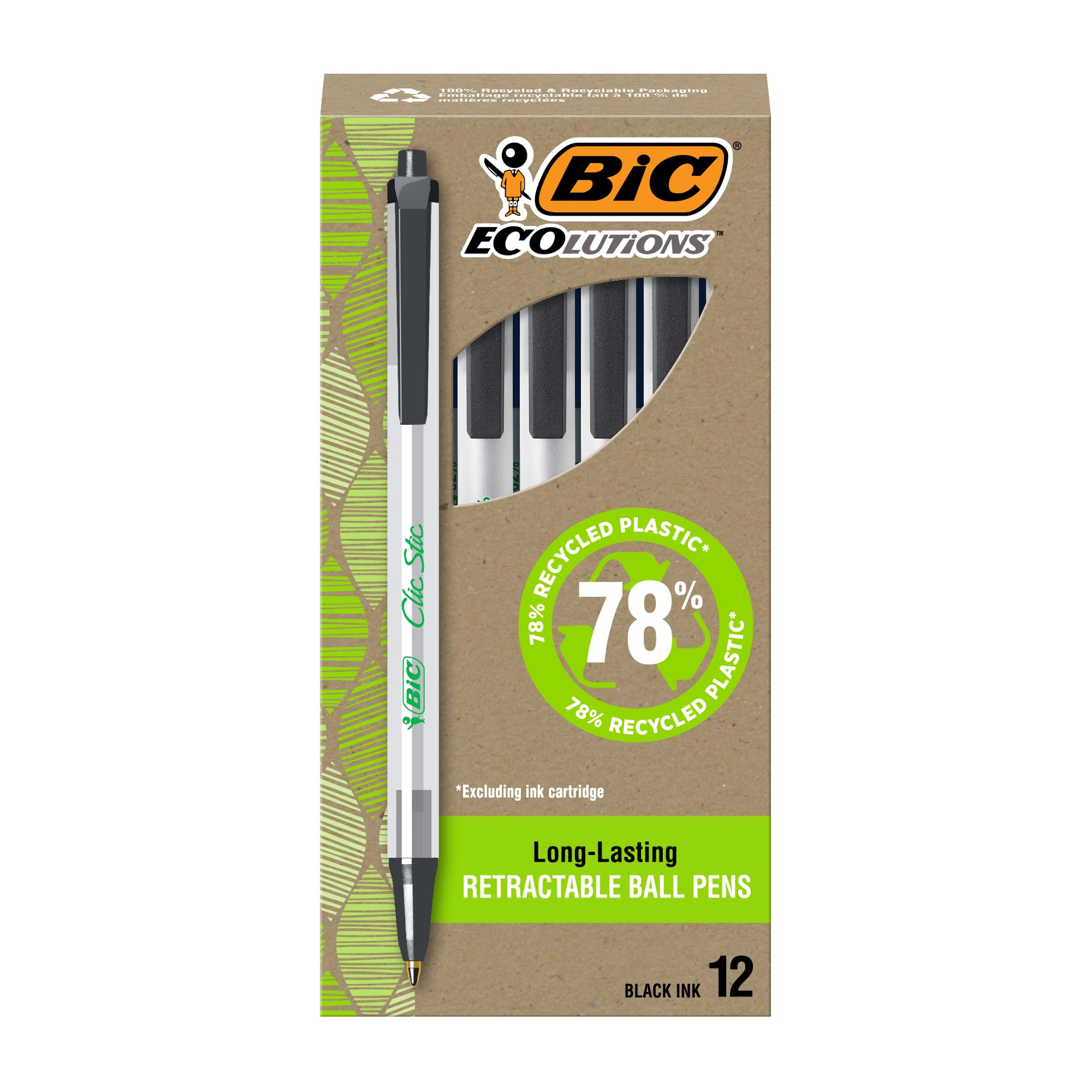 Canetas Esferográficas Bic Ecolutions Clic Stick Black Medium, Pacote Com 12