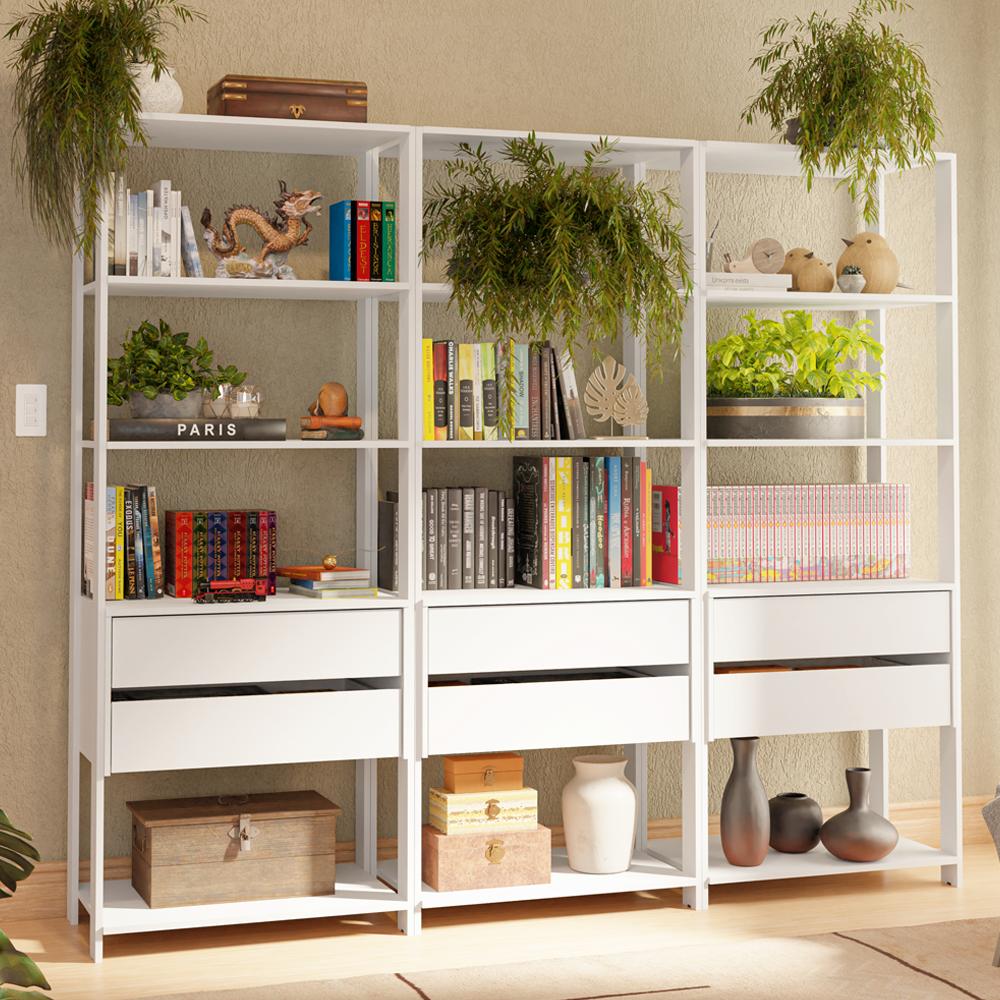 Estante Armário Multiuso Para Livros 6 Gavetas 12 Prateleiras 210 Cm Branco Valencia Madesa Xa