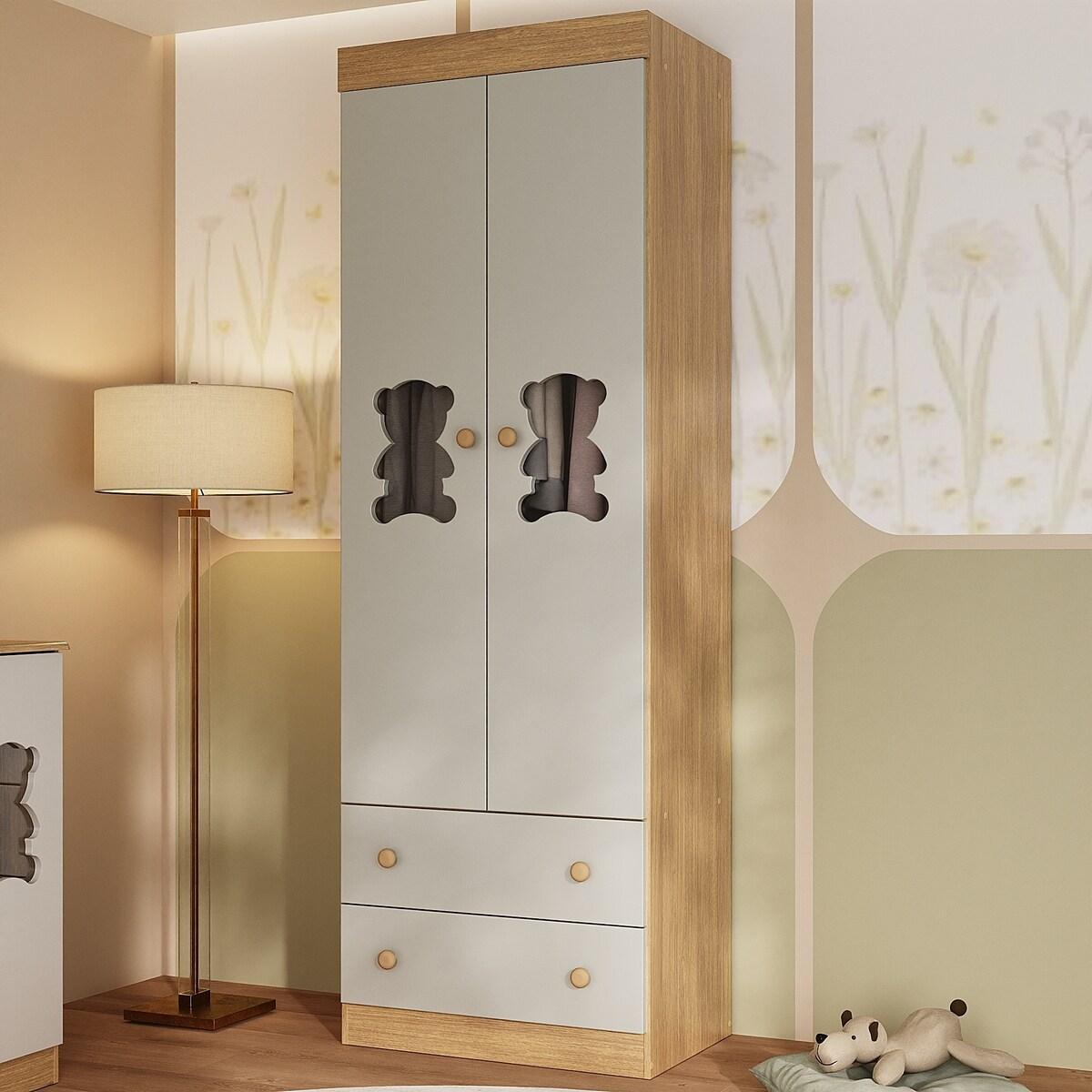 Guarda-Roupa Infantil 62cm 2 Portas Com Vidro E 2 Gavetas Teddy Multimóveis Mp4486 Madeirado/Off White