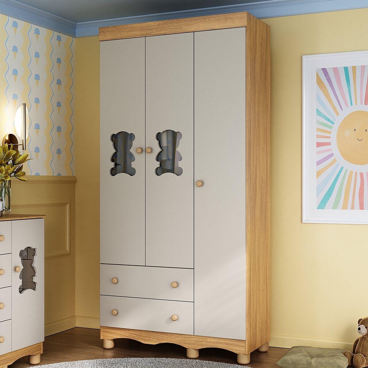 Guarda-Roupa Infantil 92cm Com Vidro 3 Portas E 2 Gavetas Ternura Multimóveis Mp4477 Madeirado/Off White