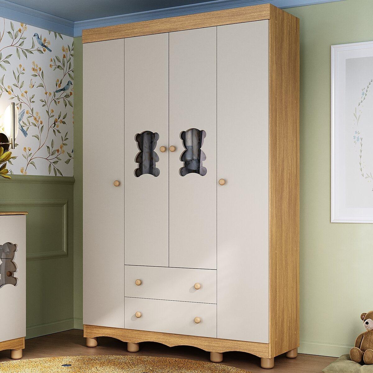 Guarda-Roupa Infantil 122cm Com Vidro 4 Portas E 2 Gavetas Ternura Multimóveis Mp4478 Madeirado/Off White