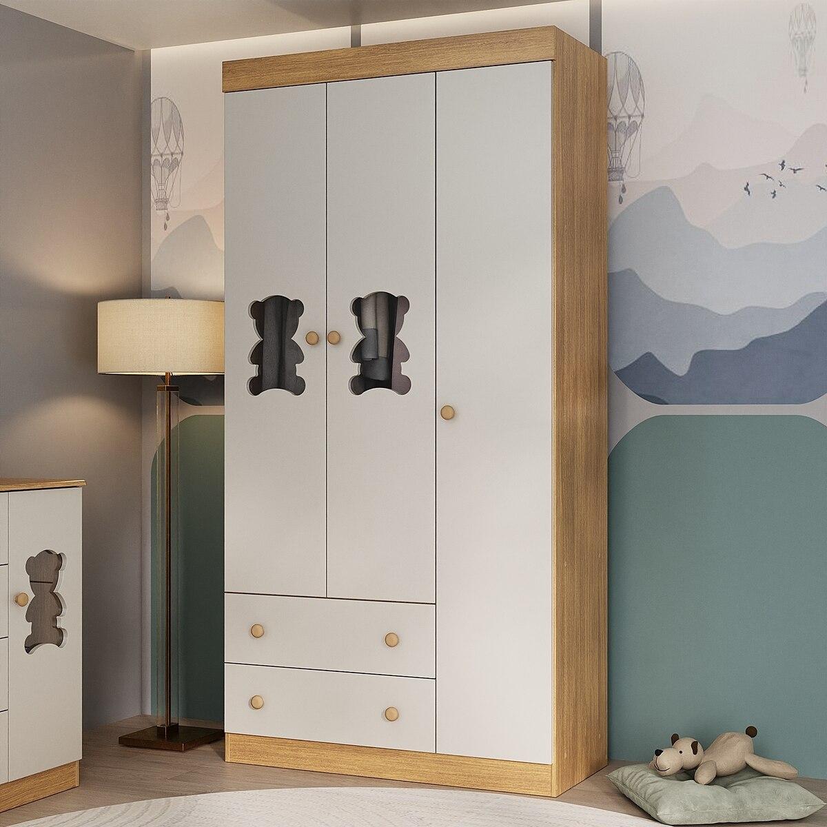 Guarda-Roupa Infantil 92cm Com Vidro 3 Portas E 2 Gavetas Teddy Multimóveis Mp4487 Madeirado/Off White