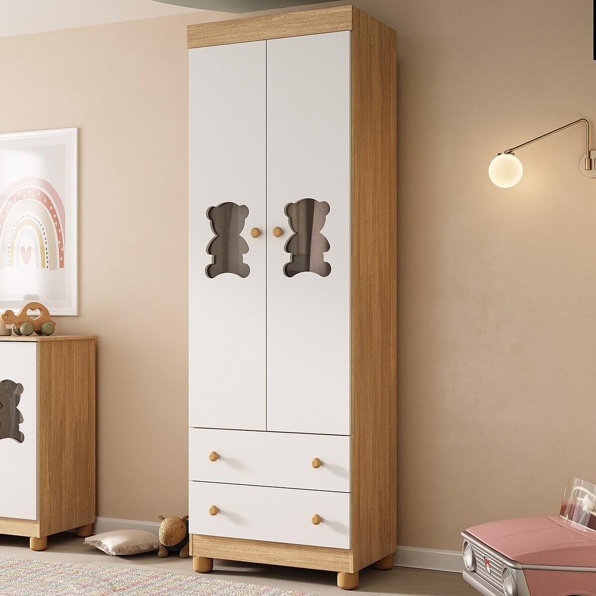 Guarda-Roupa Infantil 62cm 2 Portas Com Vidro E 2 Gavetas Fofura Multimóveis Mp4481 Madeirado/branco