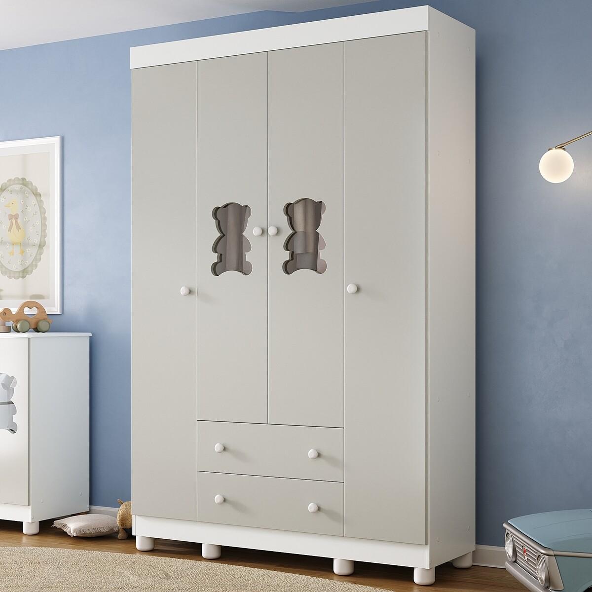 Guarda-Roupa Infantil 122cm Com Vidro 4 Portas E 2 Gavetas Fofura Multimóveis Mp4483 Branco/Off White