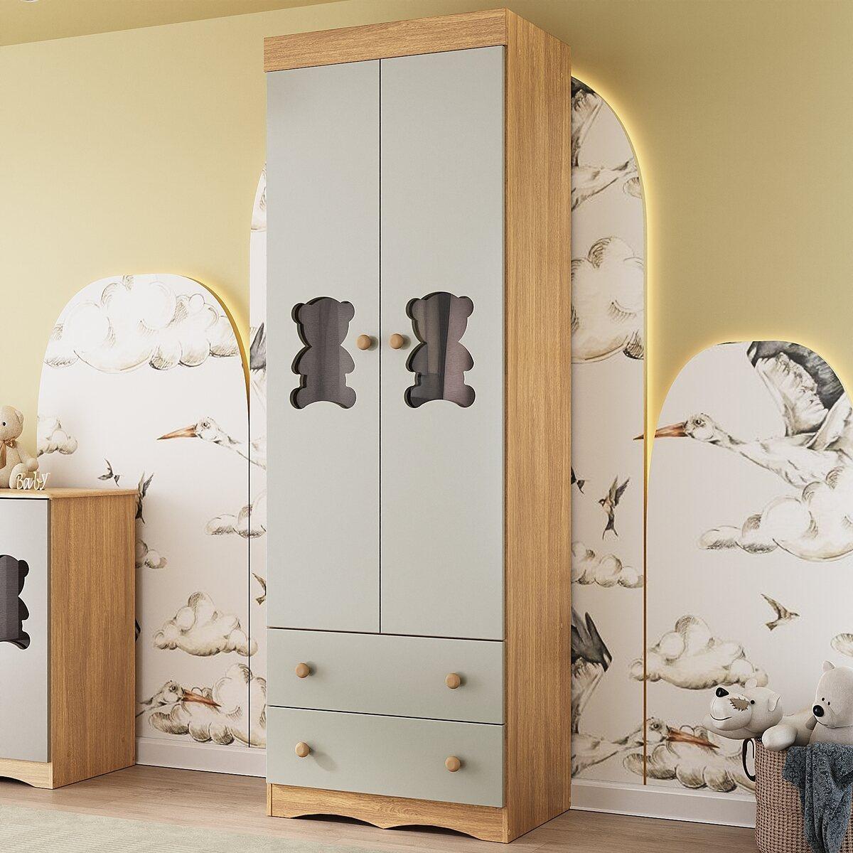 Guarda-Roupa Infantil 62cm 2 Portas Com Vidro E 2 Gavetas Doçura Multimóveis Mp4491 Madeirado/Off White