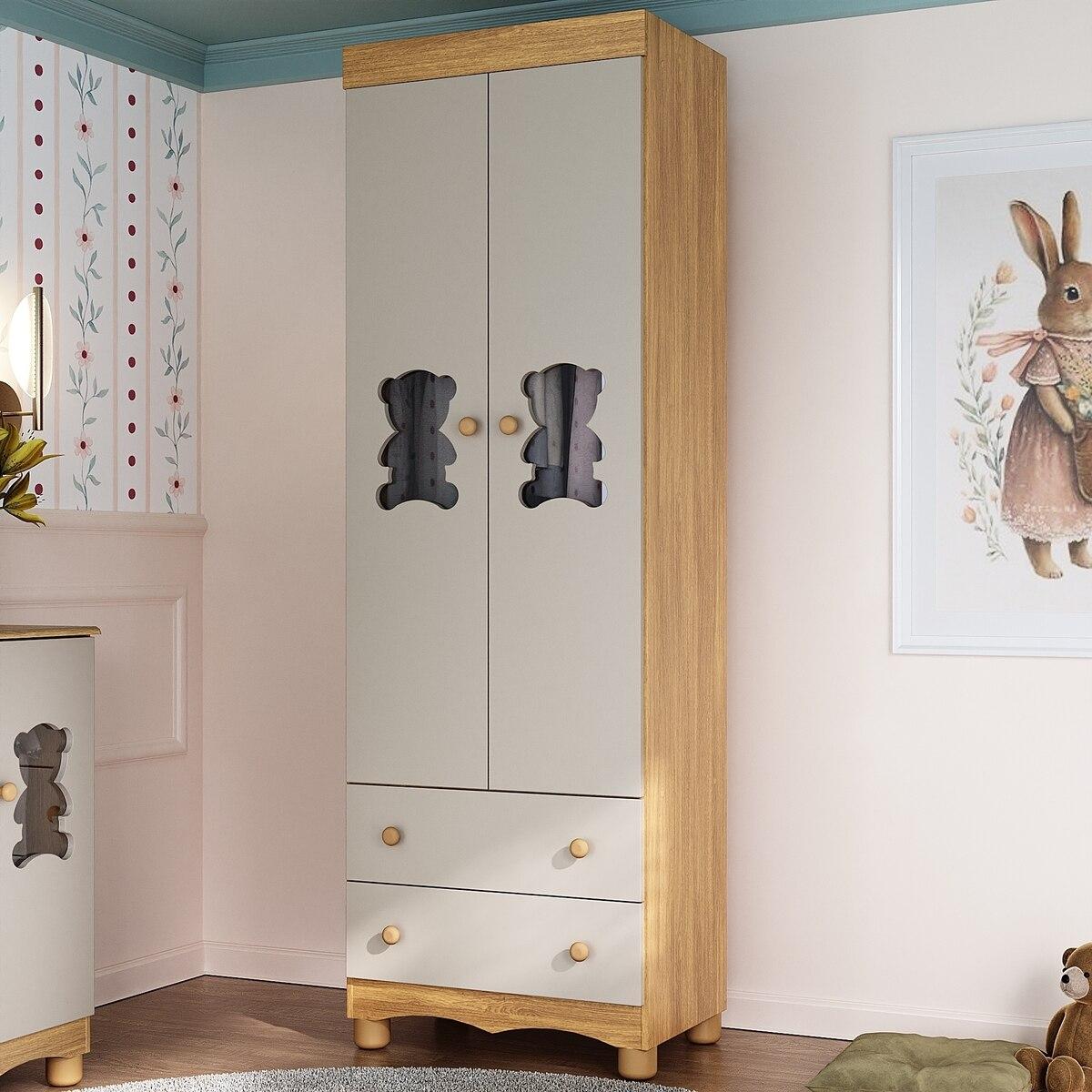Guarda-Roupa Infantil 62cm 2 Portas Com Vidro E 2 Gavetas Ternura Multimóveis Mp4476 Madeirado/Off White