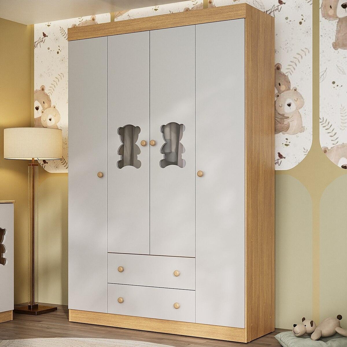 Guarda-Roupa Infantil 122cm Com Vidro 4 Portas E 2 Gavetas Teddy Multimóveis Mp4488 Madeirado/Off White