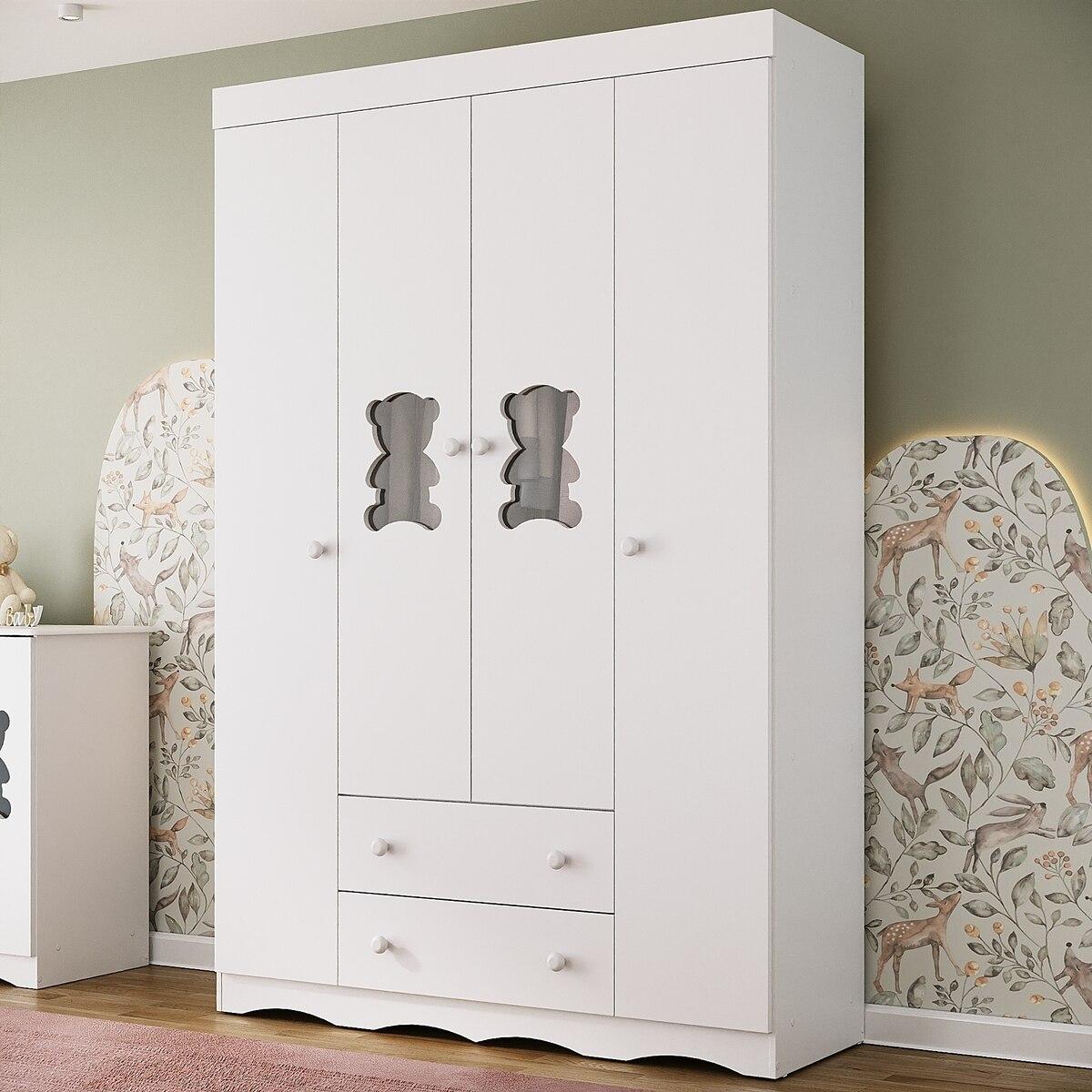 Guarda-Roupa Infantil 122cm Com Vidro 4 Portas E 2 Gavetas Doçura Multimóveis Mp4493 Branco