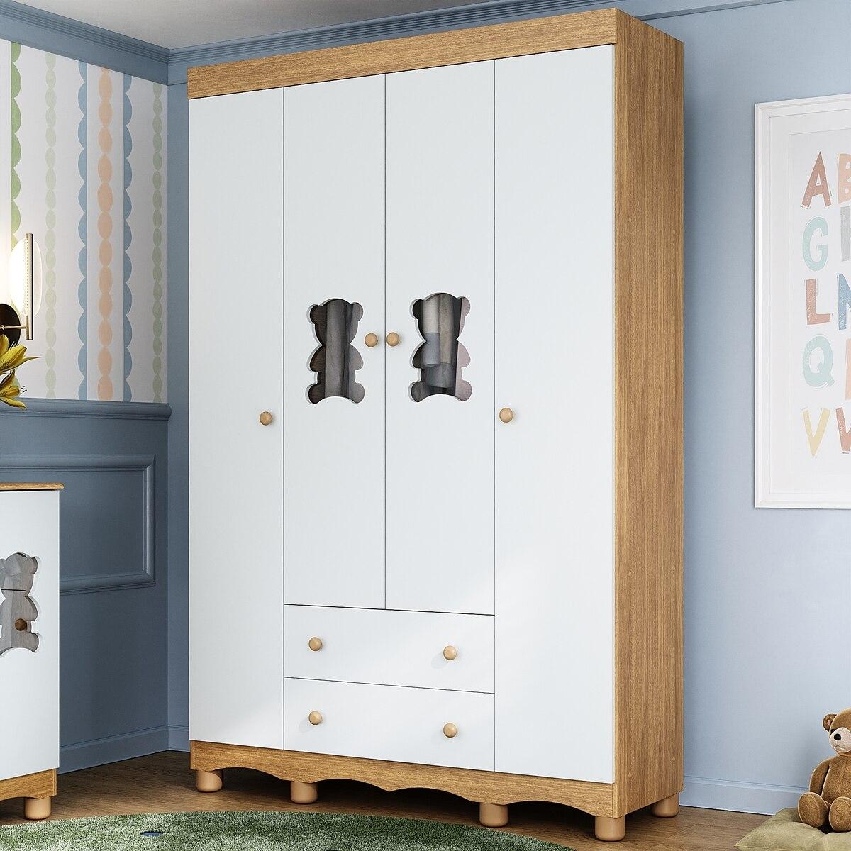 Guarda-Roupa Infantil 122cm Com Vidro 4 Portas E 2 Gavetas Ternura Multimóveis Mp4478 Madeirado/Branco