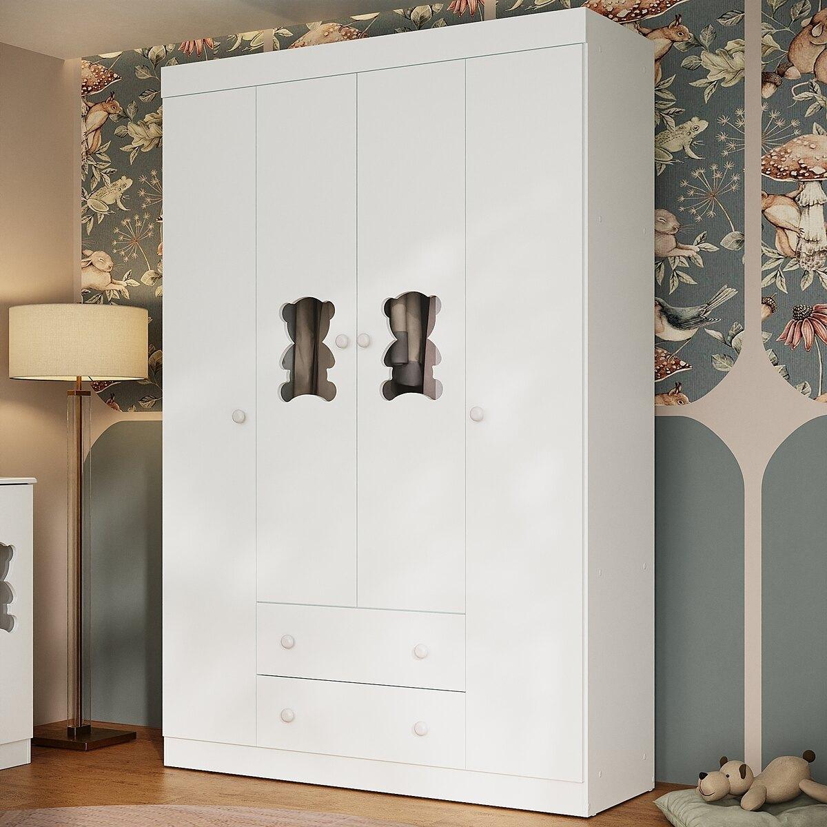 Guarda-Roupa Infantil 122cm Com Vidro 4 Portas E 2 Gavetas Teddy Multimóveis Mp4488 Branco