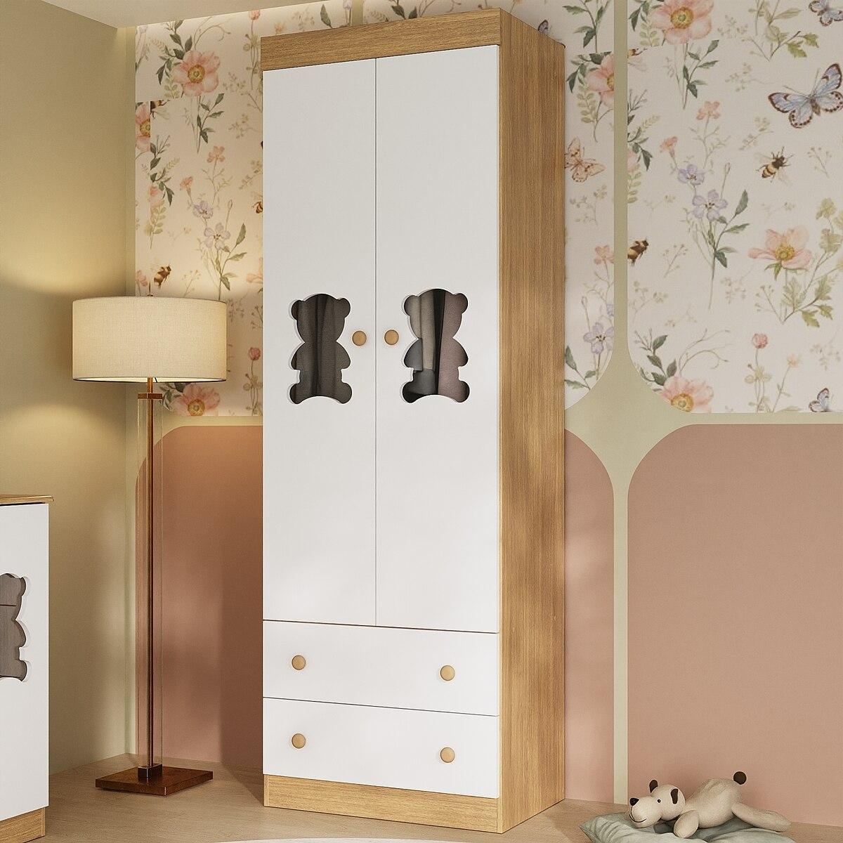 Guarda-Roupa Infantil 62cm 2 Portas Com Vidro E 2 Gavetas Teddy Multimóveis Mp4486 Madeirado/branco
