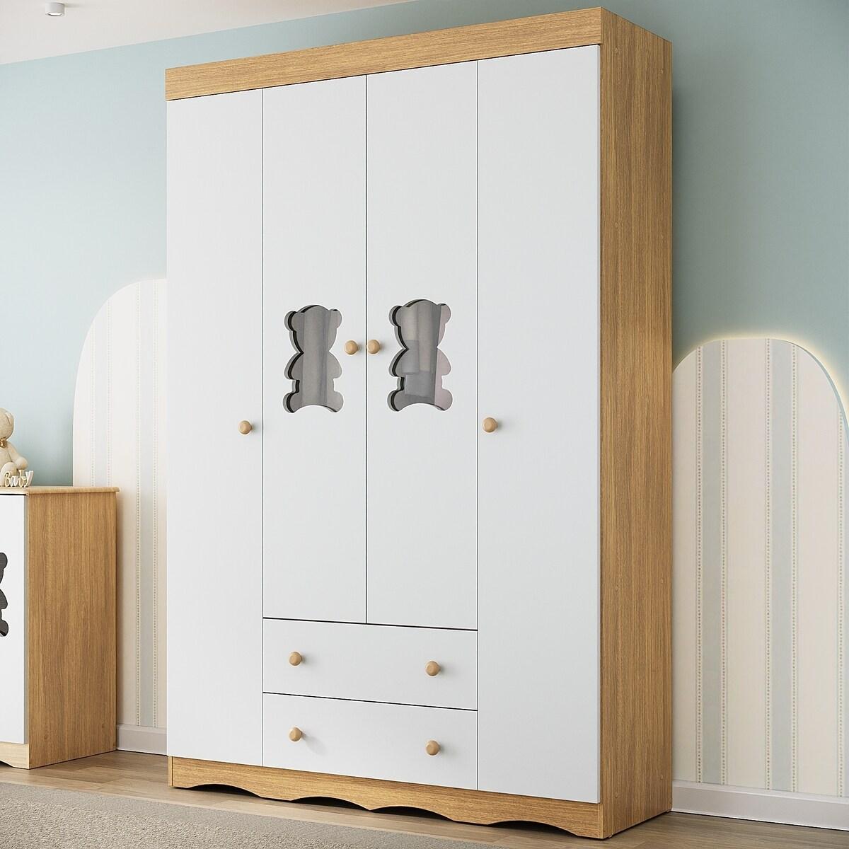 Guarda-Roupa Infantil 122cm Com Vidro 4 Portas E 2 Gavetas Doçura Multimóveis Mp4493 Madeirado/Branco