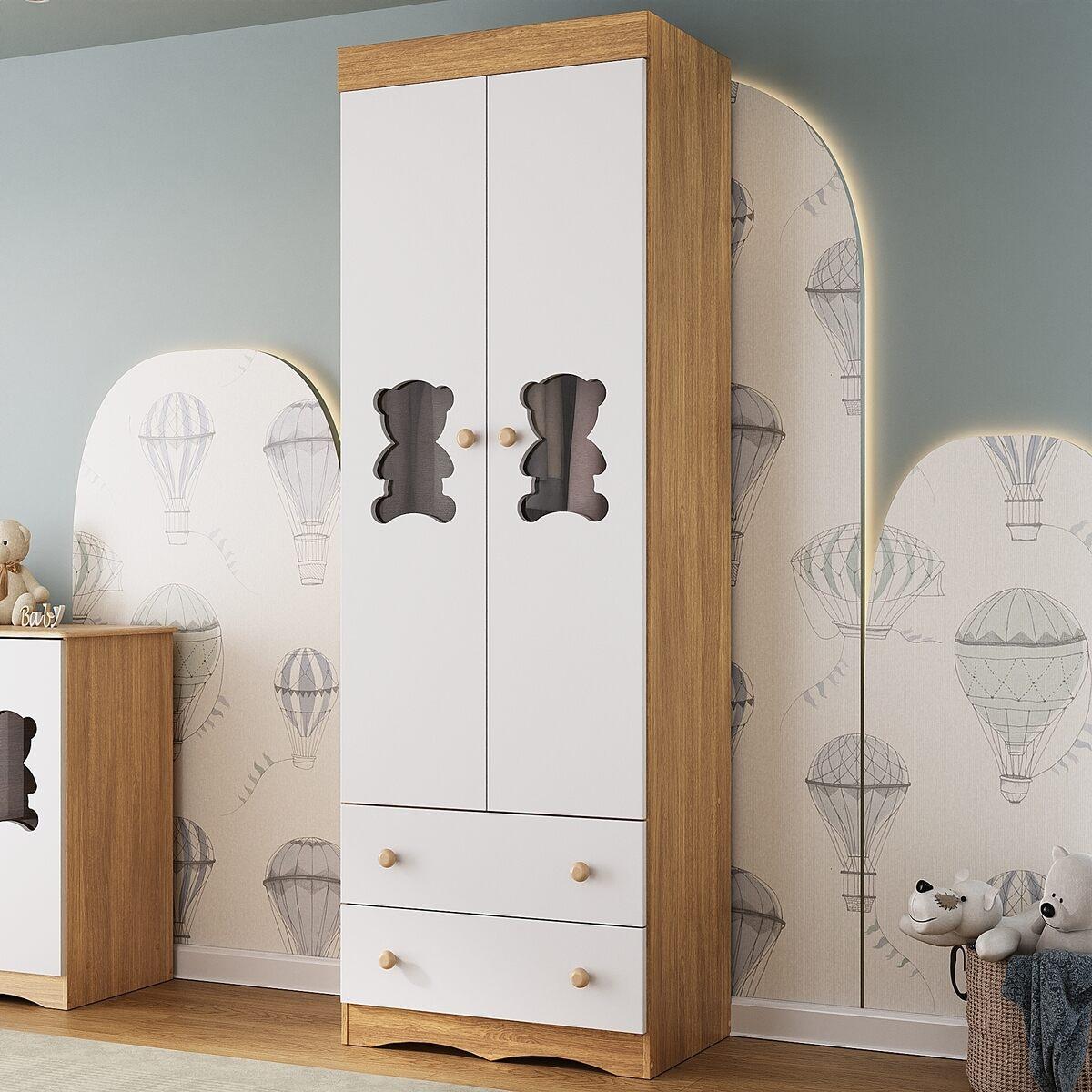 Guarda-Roupa Infantil 62cm 2 Portas Com Vidro E 2 Gavetas Doçura Multimóveis Mp4491 Madeirado/Branco