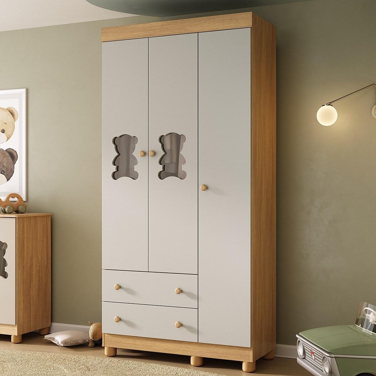 Guarda-Roupa Infantil 92cm Com Vidro 3 Portas E 2 Gavetas Fofura Multimóveis Mp4482 Madeirado/Off White