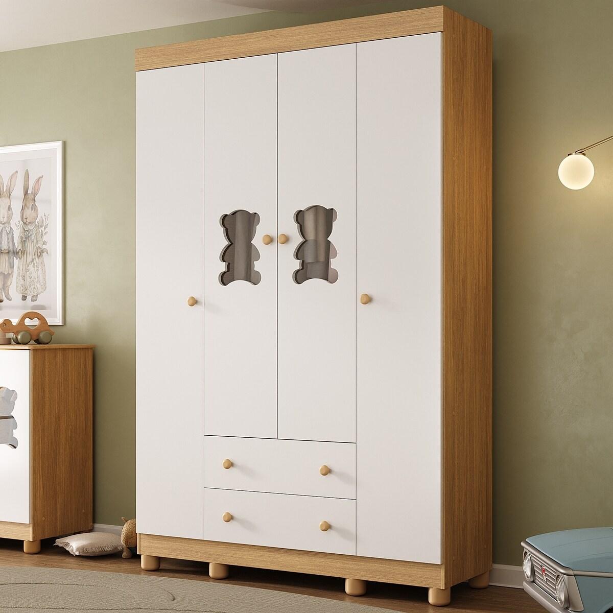 Guarda-Roupa Infantil 122cm Com Vidro 4 Portas E 2 Gavetas Fofura Multimóveis Mp4483 Madeirado/Branco