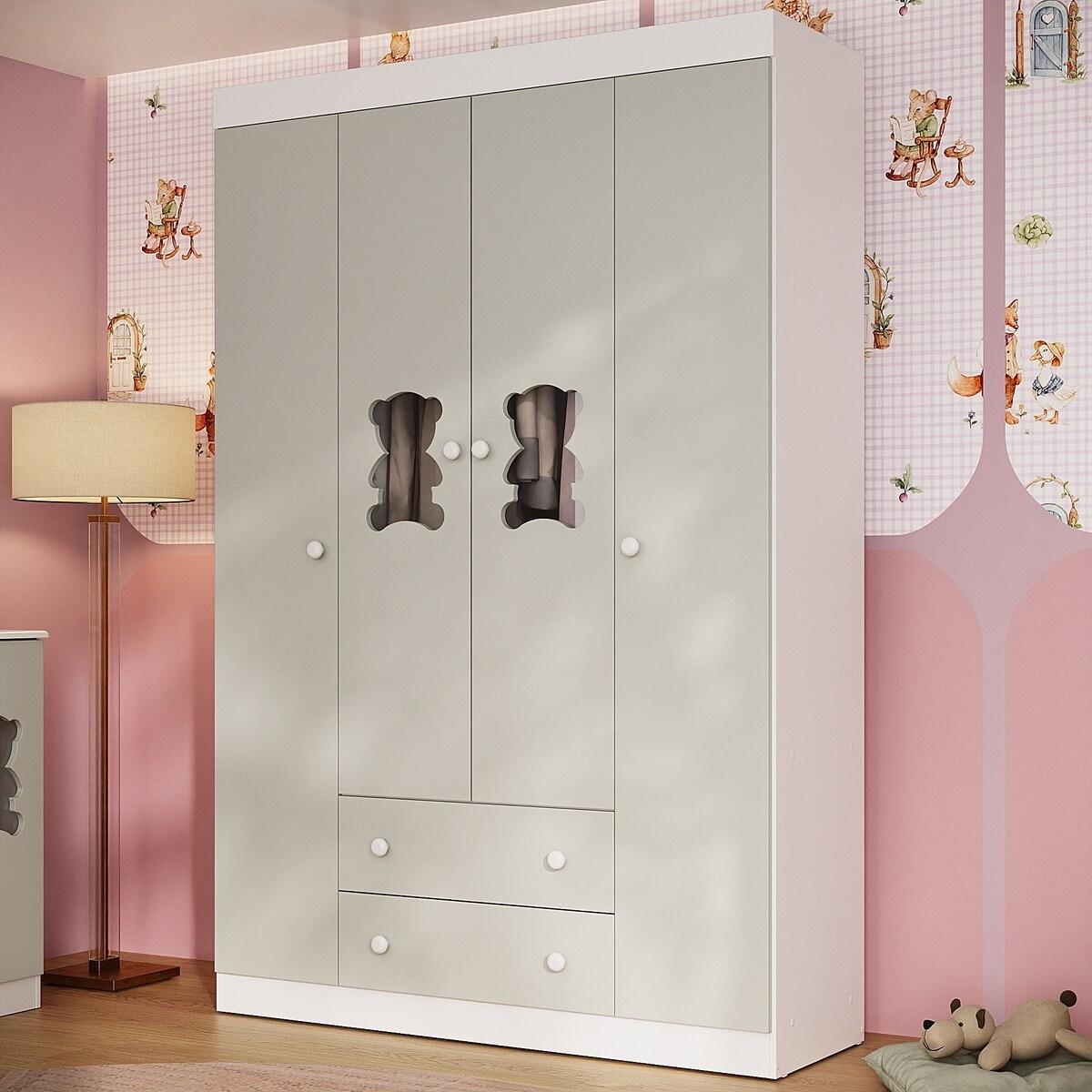 Guarda-Roupa Infantil 122cm Com Vidro 4 Portas E 2 Gavetas Teddy Multimóveis Mp4488 Branco/Off White