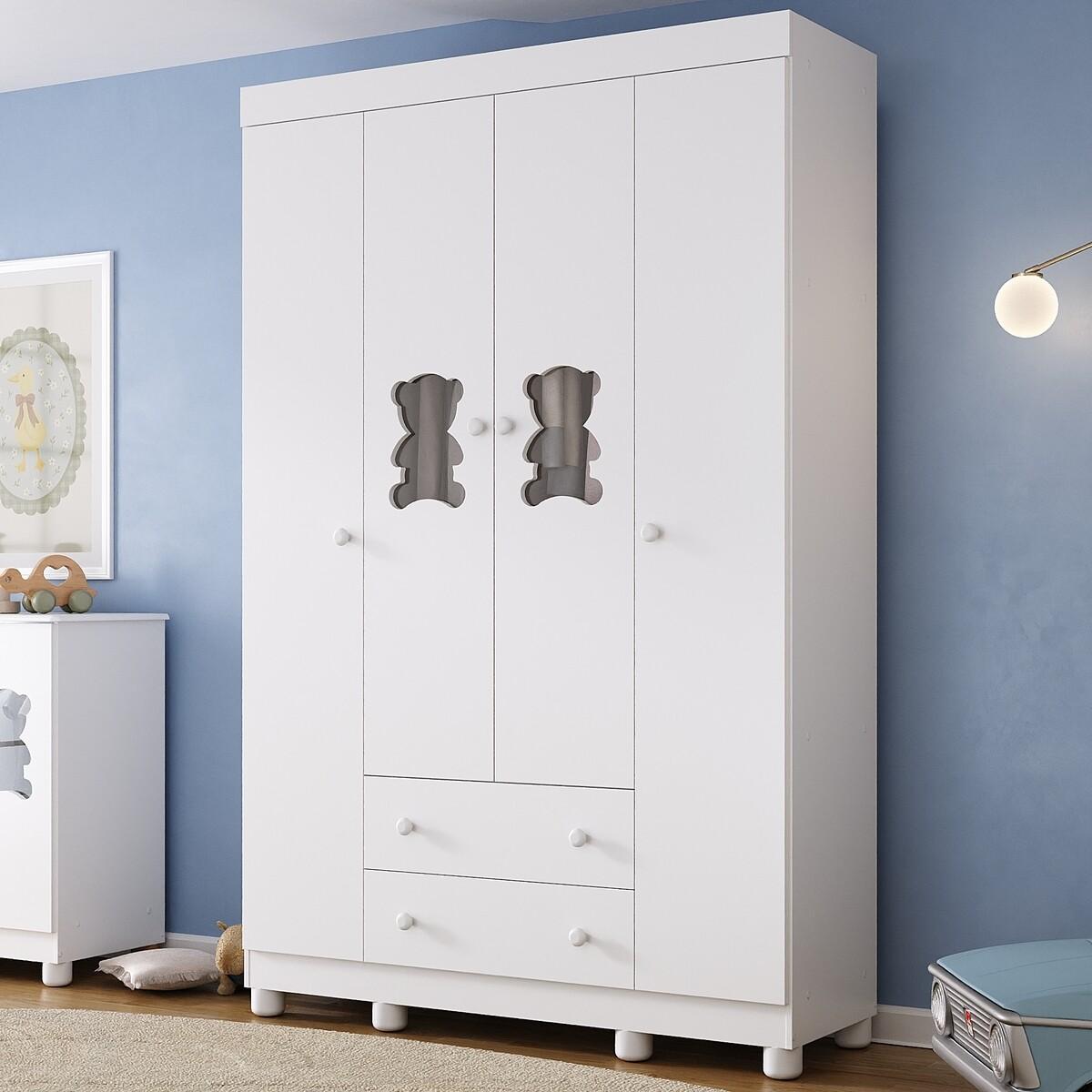 Guarda-Roupa Infantil 122cm Com Vidro 4 Portas E 2 Gavetas Fofura Multimóveis Mp4483 Branco