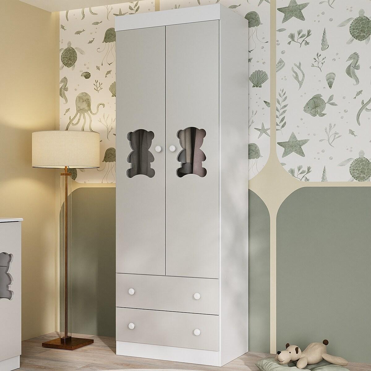 Guarda-Roupa Infantil 62cm 2 Portas Com Vidro E 2 Gavetas Teddy Multimóveis Mp4486 Branco/Off White