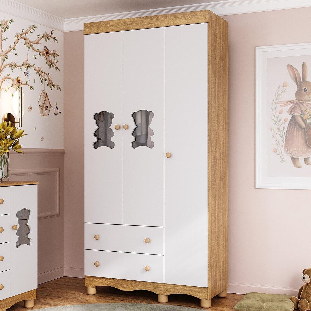 Guarda-Roupa Infantil 92cm Com Vidro 3 Portas E 2 Gavetas Ternura Multimóveis Mp4477 Madeirado/Branco