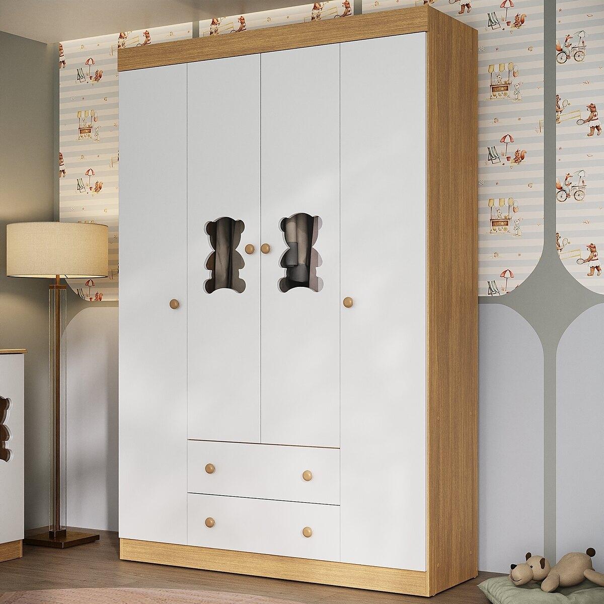 Guarda-Roupa Infantil 122cm Com Vidro 4 Portas E 2 Gavetas Teddy Multimóveis Mp4488 Madeirado/Branco