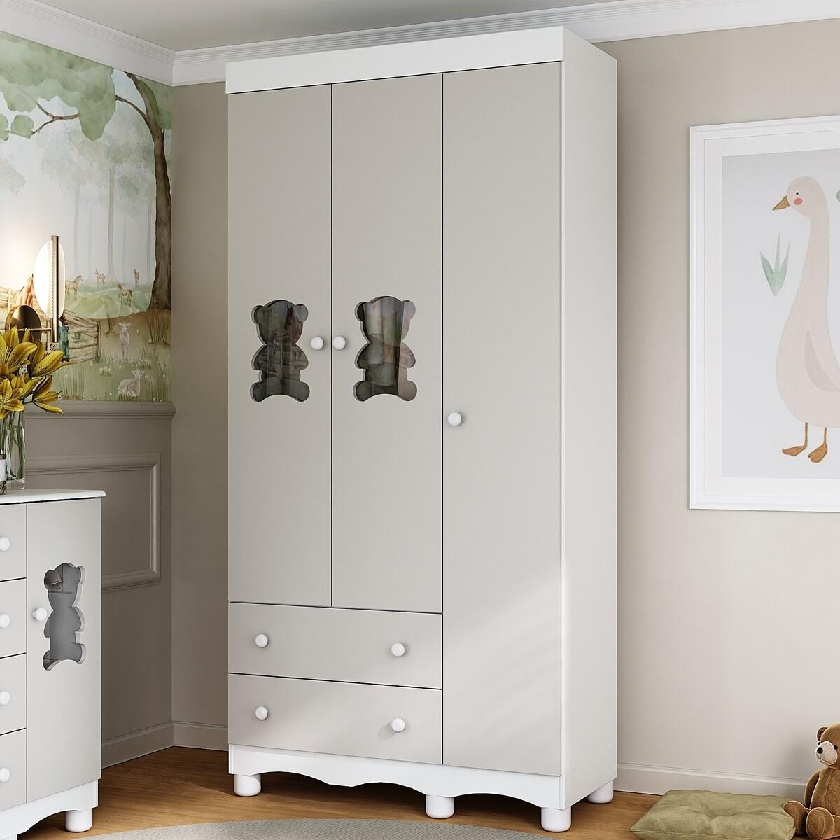 Guarda-Roupa Infantil 92cm Com Vidro 3 Portas E 2 Gavetas Ternura Multimóveis Mp4477 Branco/Off White