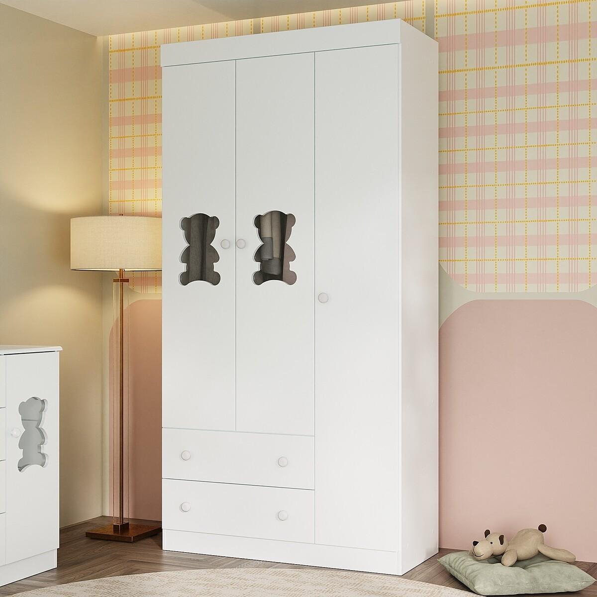 Guarda-Roupa Infantil 92cm Com Vidro 3 Portas E 2 Gavetas Teddy Multimóveis Mp4487 Branco