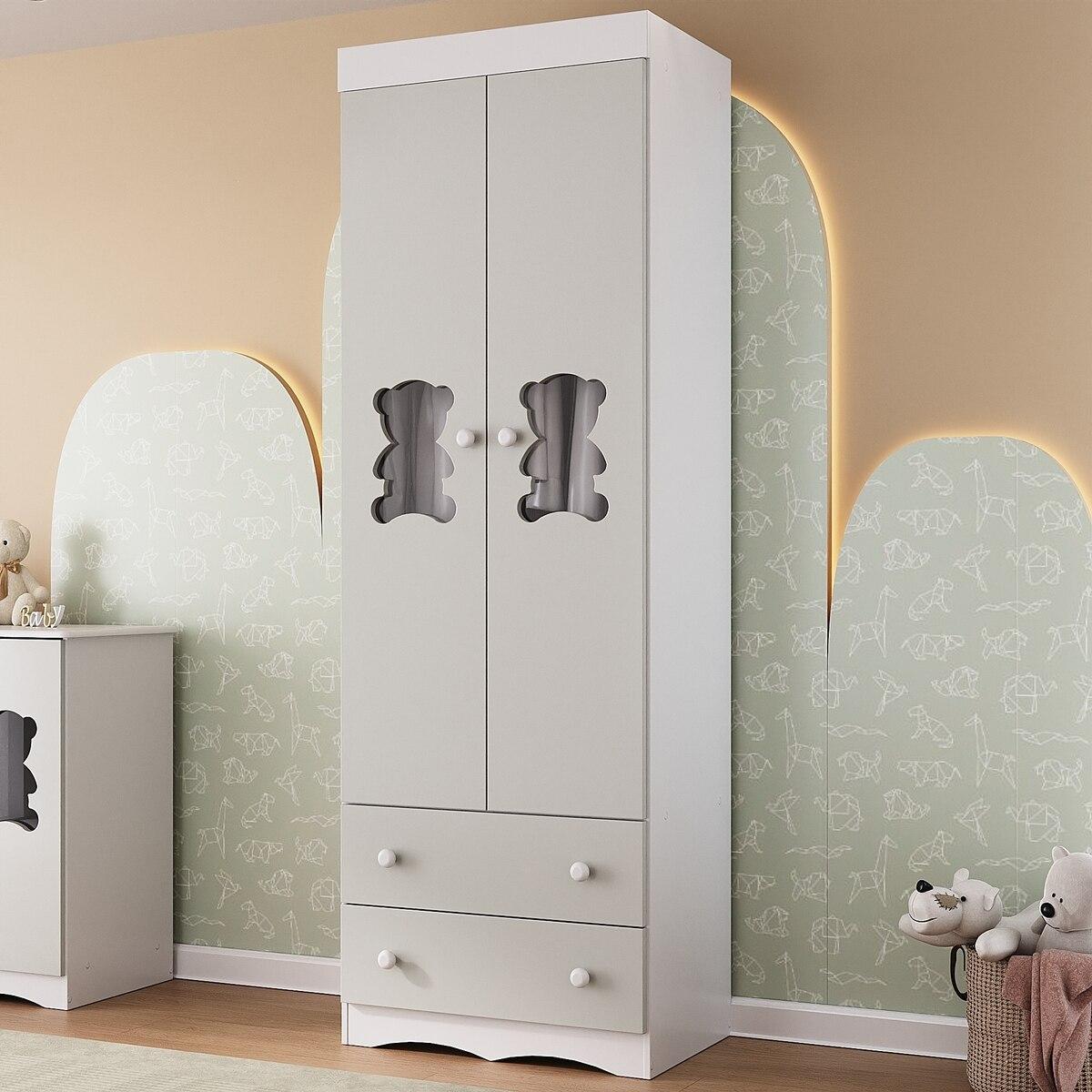 Guarda-Roupa Infantil 62cm 2 Portas Com Vidro E 2 Gavetas Doçura Multimóveis Mp4491 Branco/Off White