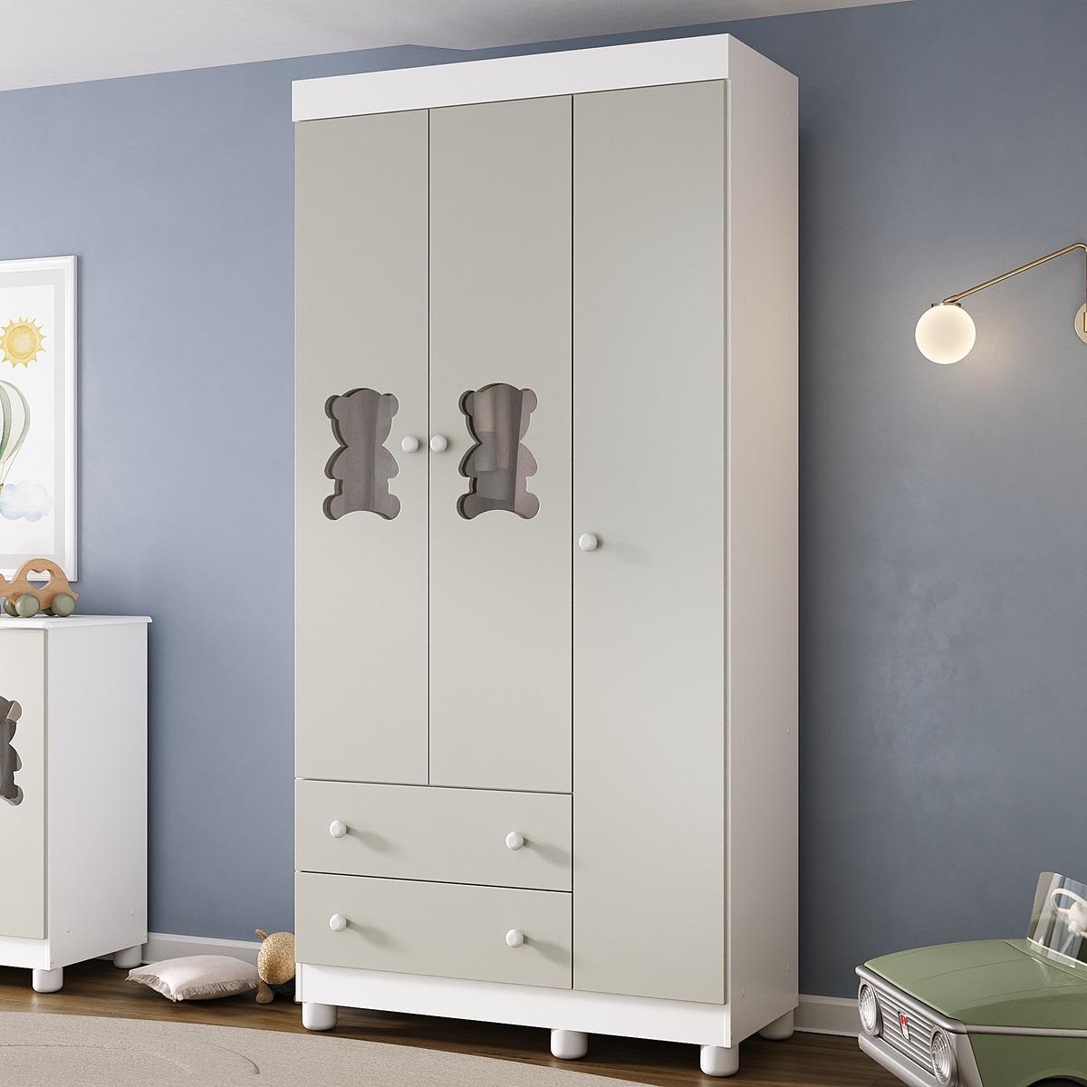 Guarda-Roupa Infantil 92cm Com Vidro 3 Portas E 2 Gavetas Fofura Multimóveis Mp4482 Branco/Off White