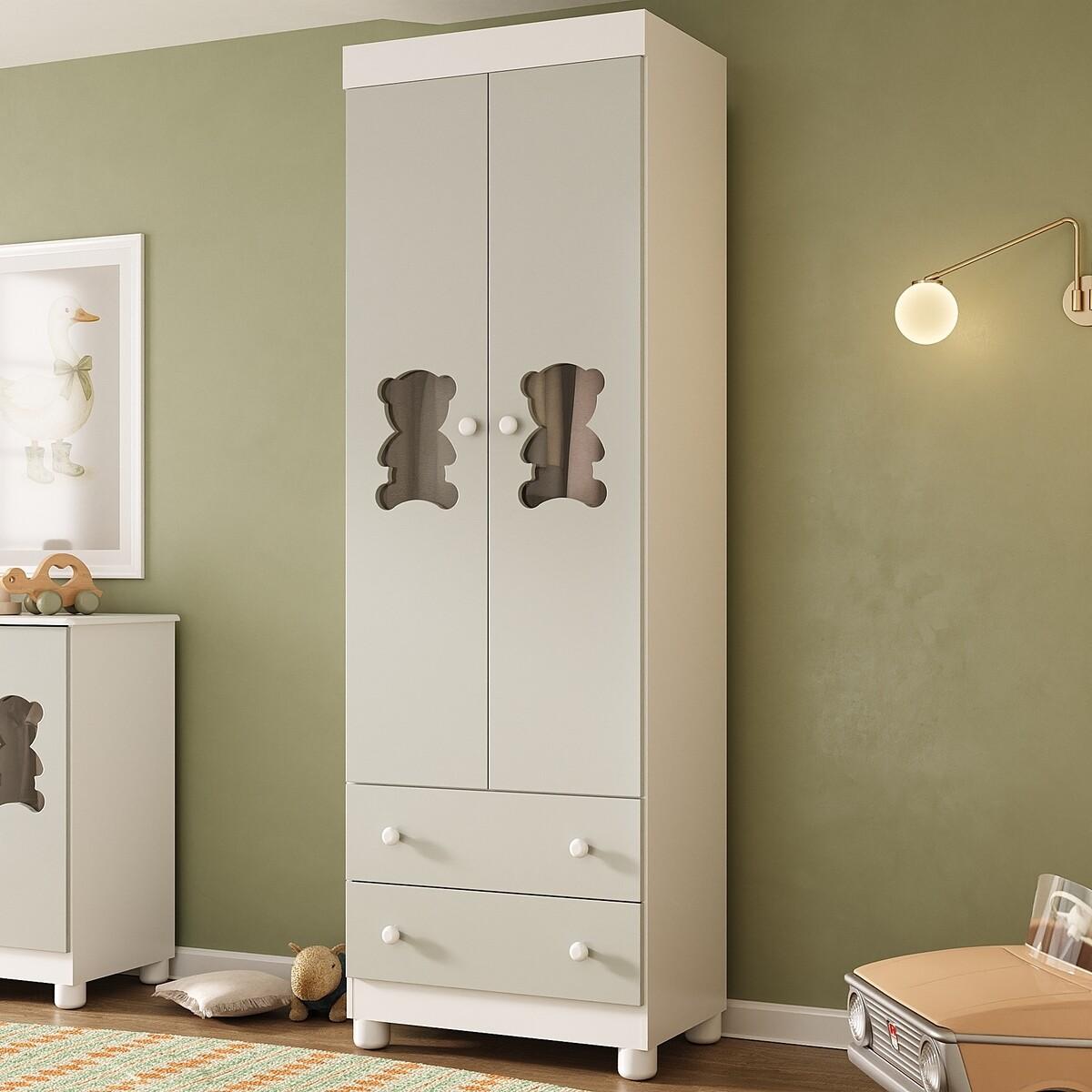 Guarda-Roupa Infantil 62cm 2 Portas Com Vidro E 2 Gavetas Fofura Multimóveis Mp4481 Branco/Off White