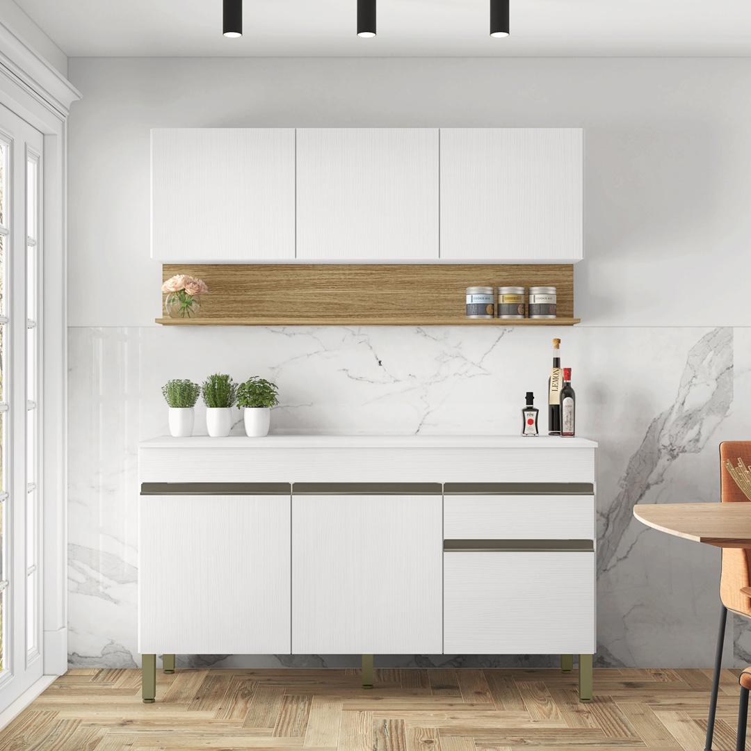 Kit Balcão De Pia Com Tampo E Aereo 150 Cm 6 Portas 1 Gaveta Madrid - Supremo/supremo/cp-freijó