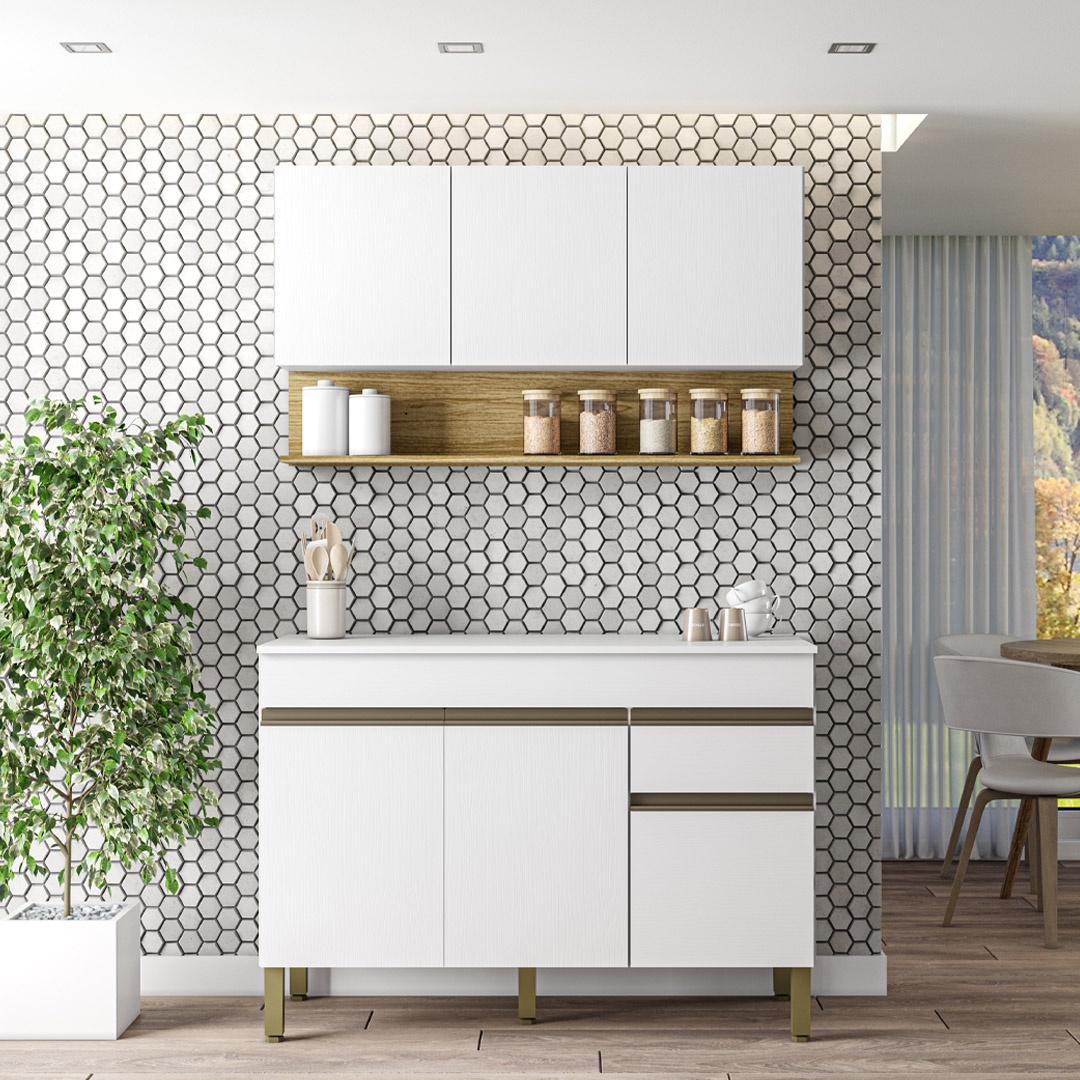 Kit Balcão De Pia Com Tampo E Aereo 120 Cm 6 Portas 1 Gaveta Madrid - Supremo/supremo/cp-freijó