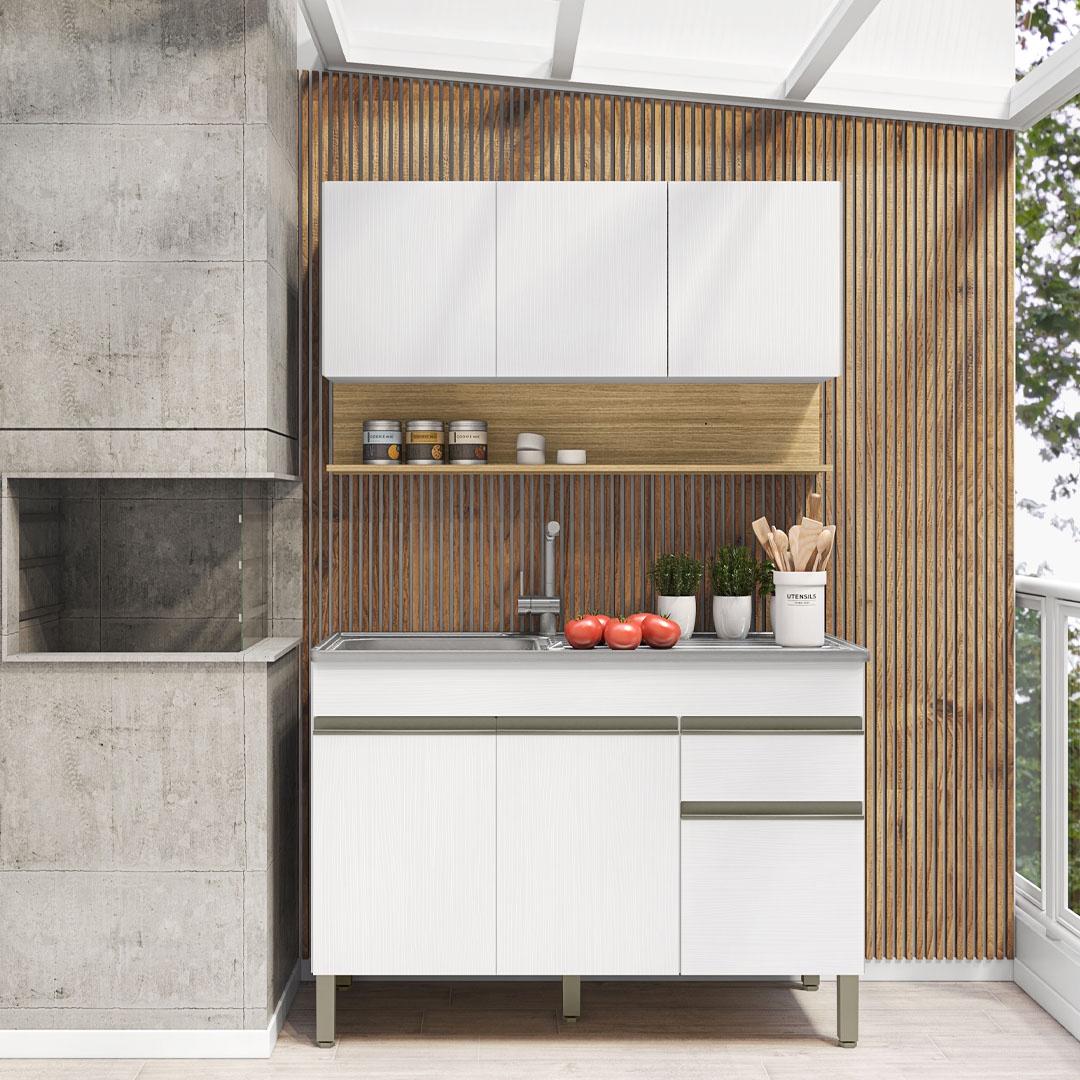 Kit Balcão De Pia Sem Tampo E Aereo 120 Cm 6 Portas 1 Gaveta Madrid - Supremo/supremo/cp-freijó