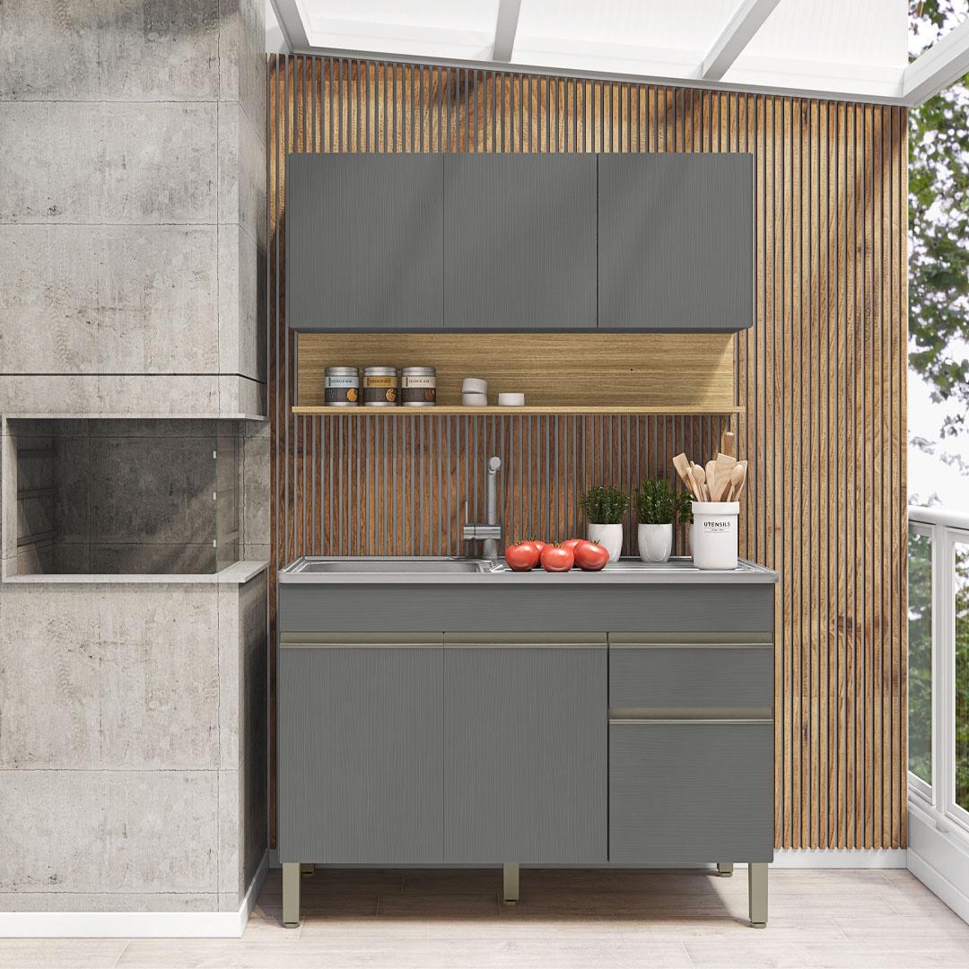 Kit Balcão De Pia Sem Tampo E Aereo 120 Cm 6 Portas 1 Gaveta Madrid - Gris/gris/cp-freijó