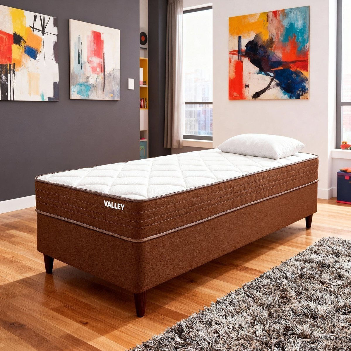 Conjunto Colchão Solteiro Vallery Pkt 10 Eps Com Box Spring Luxo Marrom/branco