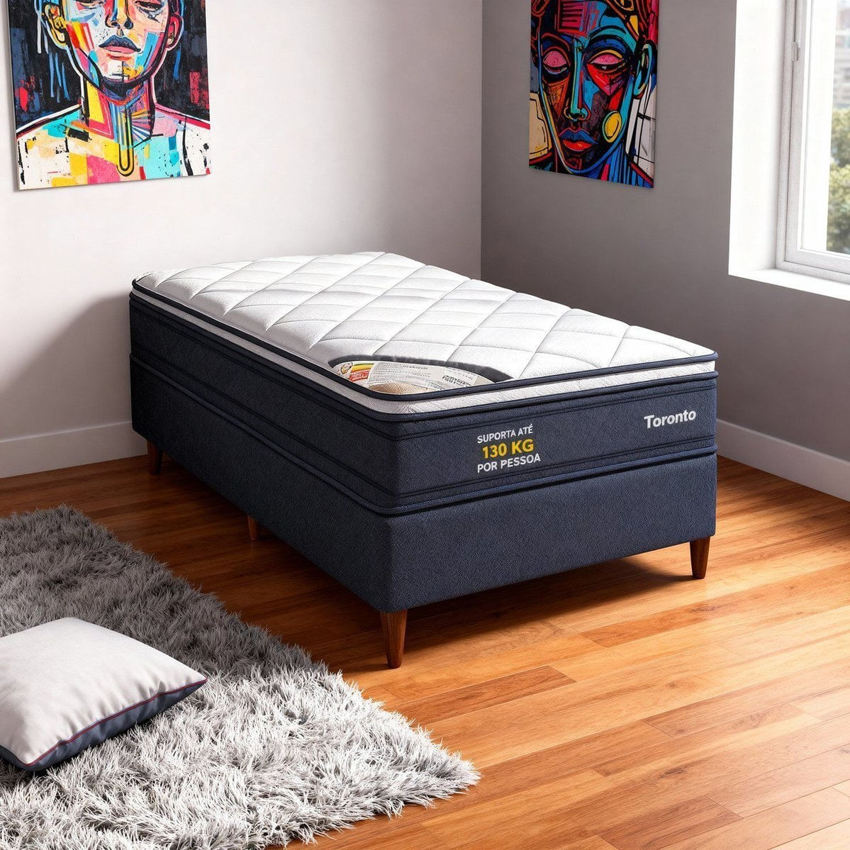 Conjunto Colchão Solteiro Toronto Pkt 10 Eps Com Box Spring Luxo Cinza/branco