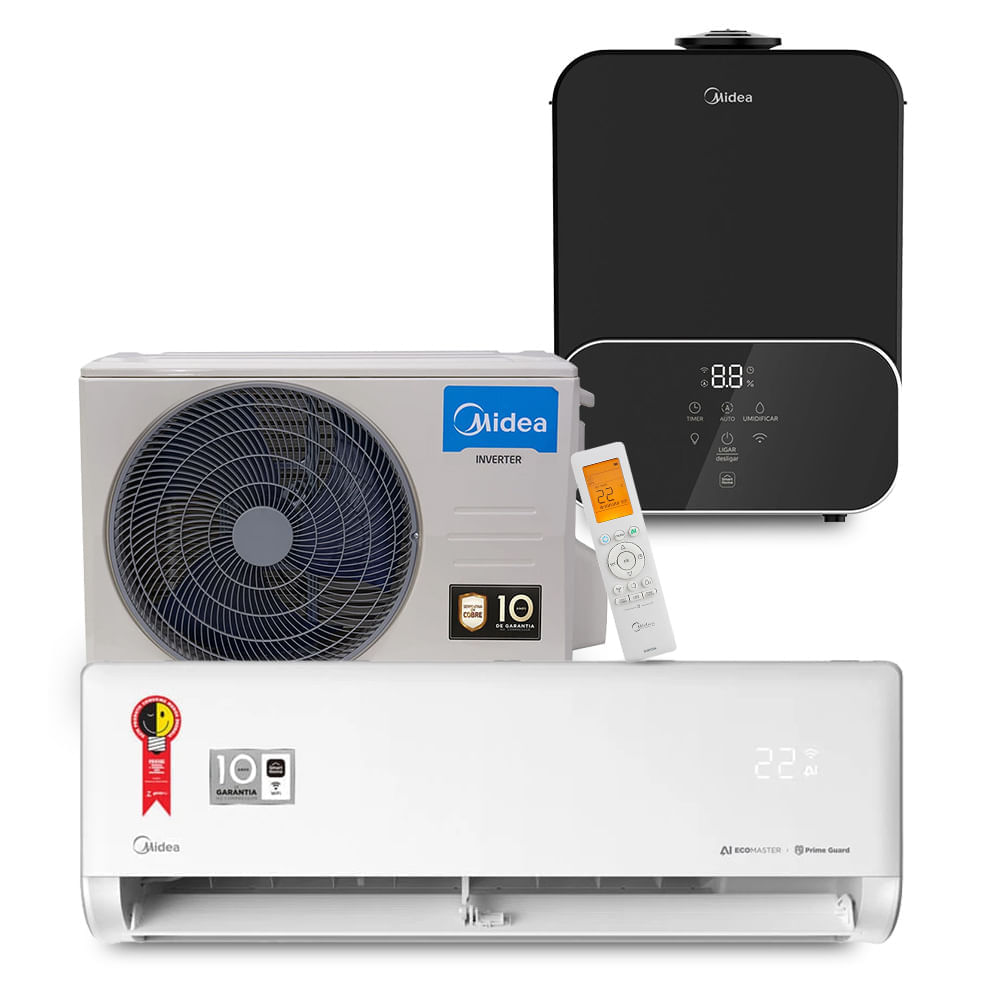 Kit Ar Condicionado Split 12.000 BTUs Inverter Ai Ecomaster Frio + Umidificador Master Connect 6l Bivolt Midea Ezvca12umd6p3 - 220v