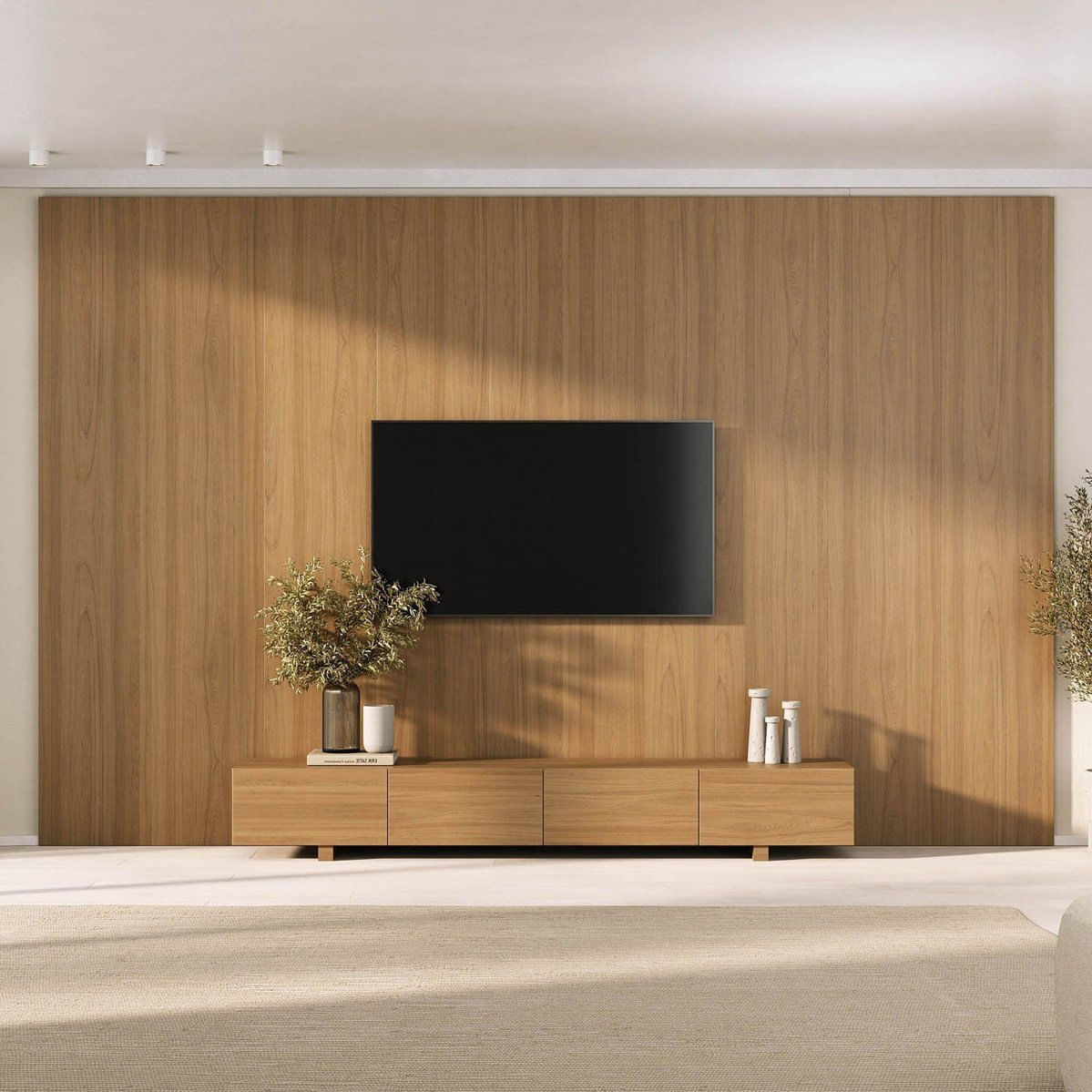 Rack Com Painel Para Tv Até 86 Polegadas Liso 360x250cm Aruá Cabecasa Madeiraoriginals Jatoba